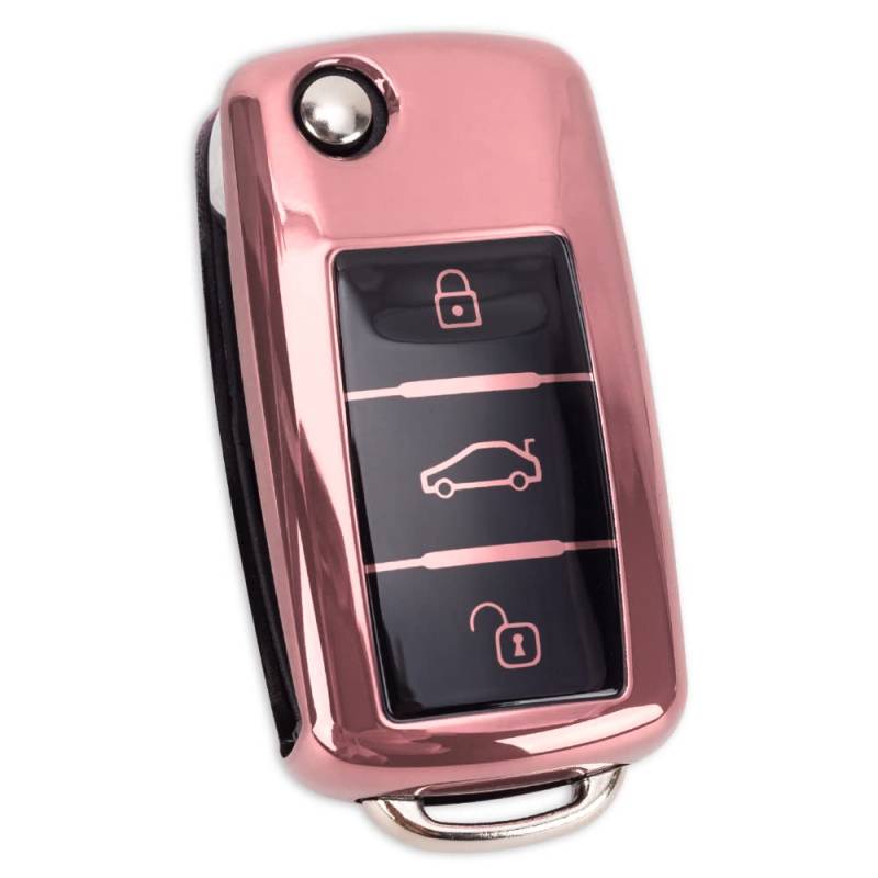 Autoschlüssel Hülle für VW Golf Skoda Seat Schlüsselhülle Cover 3-Tasten TPU Auto Schlüssel Cover (Rosa) von SFONIA