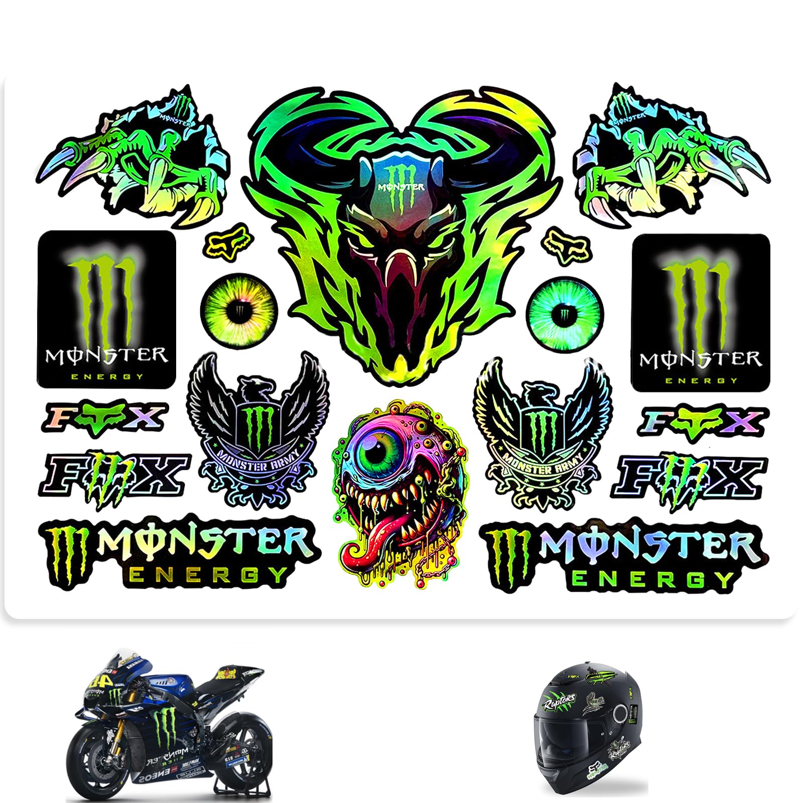 SGQTGIMU Reflektierend Helm Aufkleber Motorrad, Monster Energy Aufkleber, Grün Monster Sticker, Motorrad Aufkleber für Motorradhelm, MotorräDer, GeläNdemotorräDer-C von SGQTGIMU