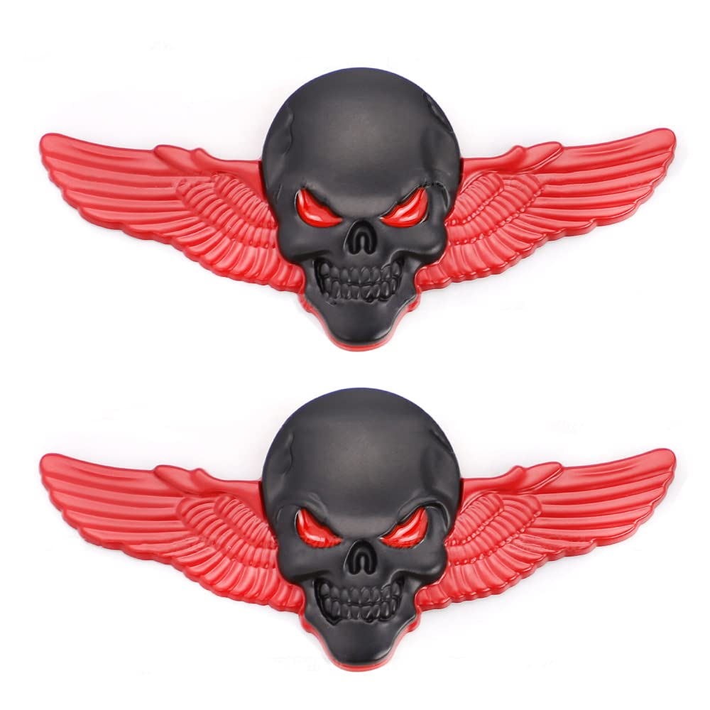 2x Flügel Totenkopf Emblem Aufkleber Beschriftung Metallmaterial Regenfest Anwendbar Auf Auto Pickup LKW Kofferraum (groß, schwarz, rot) von SGW