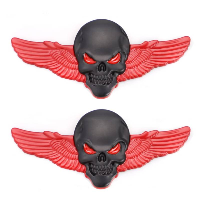 2x Flügel Totenkopf Emblem Aufkleber Beschriftung Metallmaterial Regenfest Anwendbar Auf Auto Pickup LKW Kofferraum (groß, schwarz, rot) von SGW