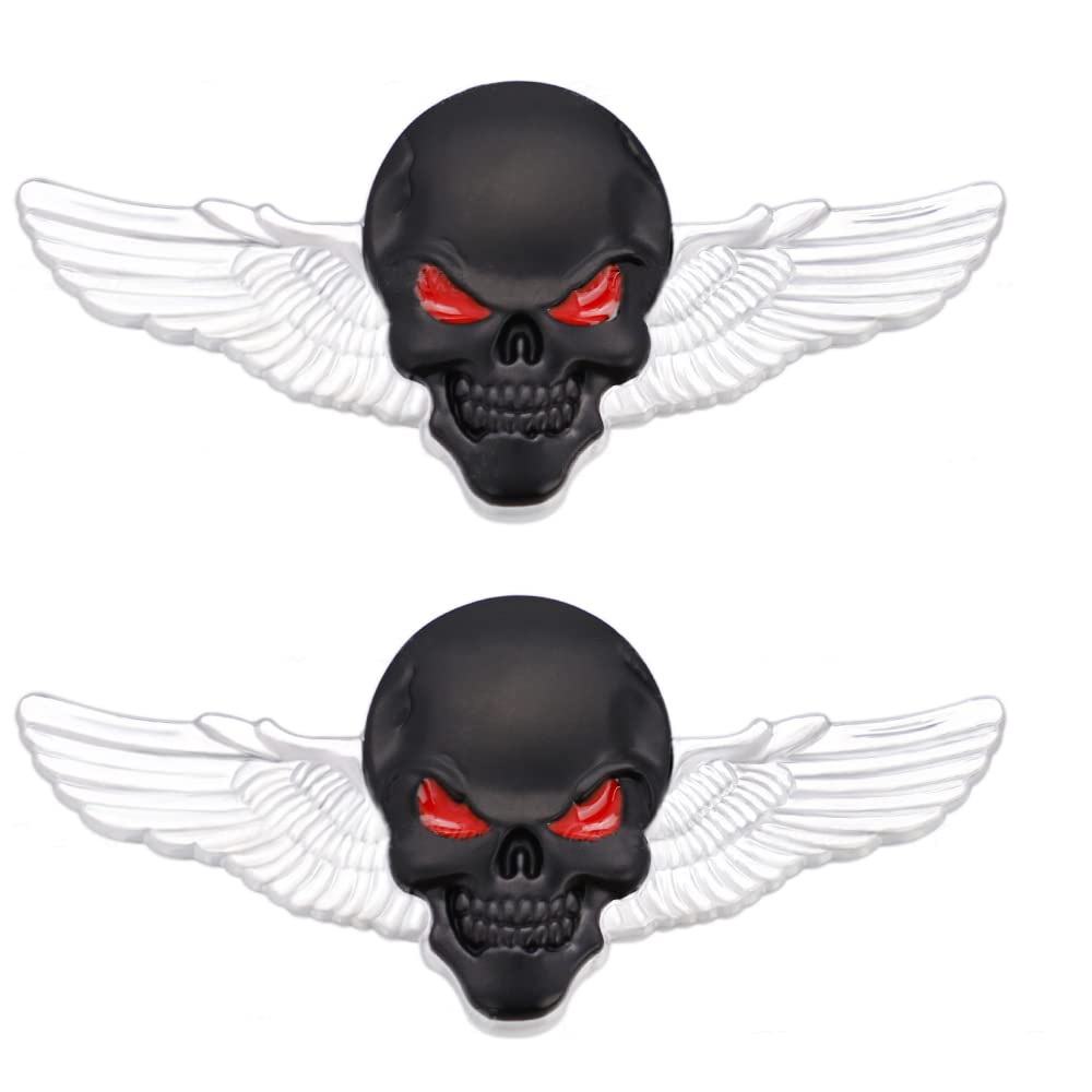 2x Schädel Emblem Flügel Totenkopf Emblem Aufkleber Beschriftung Metallmaterial Regenfest anwendbar auf Auto Pickup LKW Kofferraum (groß, silberfarben, schwarz) von SGW