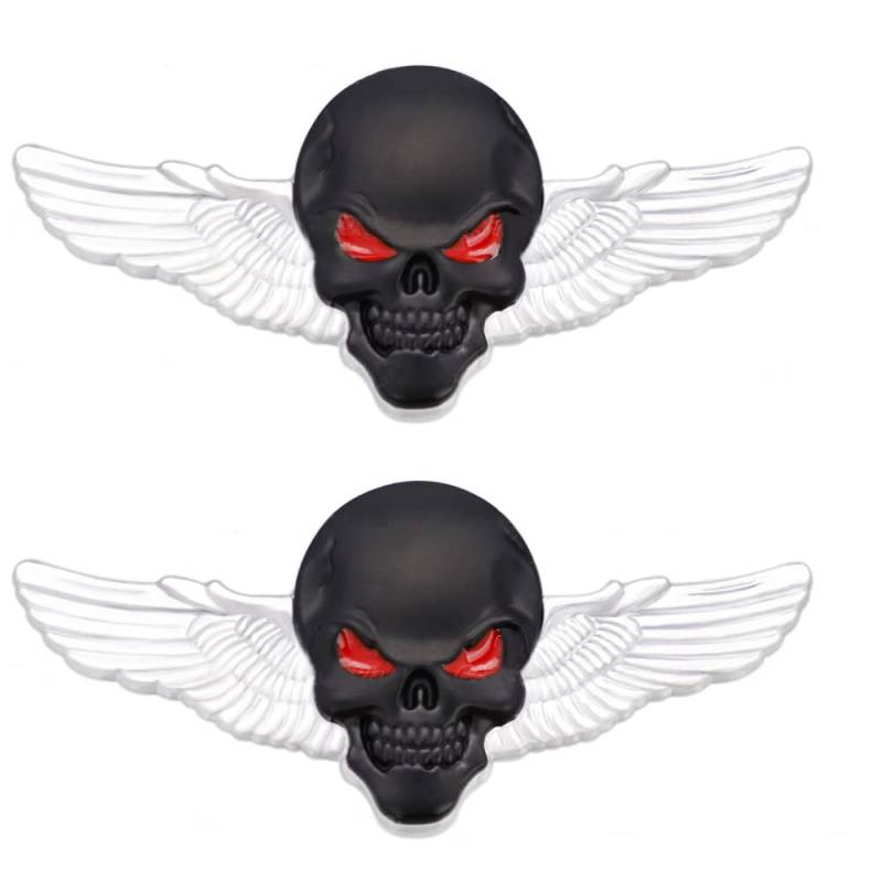 2x Schädel Emblem Flügel Totenkopf Emblem Aufkleber Beschriftung Metallmaterial Regenfest anwendbar auf Auto Pickup LKW Kofferraum (groß, silberfarben, schwarz) von SGW