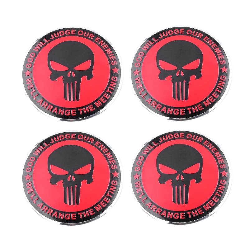 4 x Punisher Totenkopf-Radnabenkappen, Mittelabdeckung, Emblem, Abzeichen, Radkappen, Aufkleber (rot) von SGW
