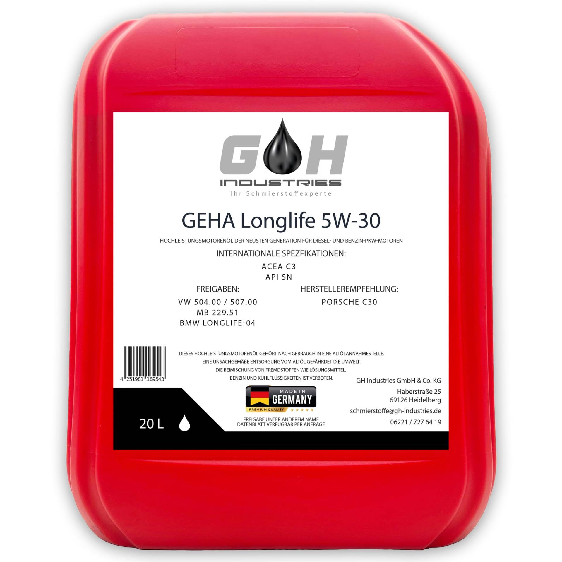 20 L GEHA Longlife 5W-30 VW 504.00/507.00 MB 229.51 BMW Longlife-04 von SGplusMH