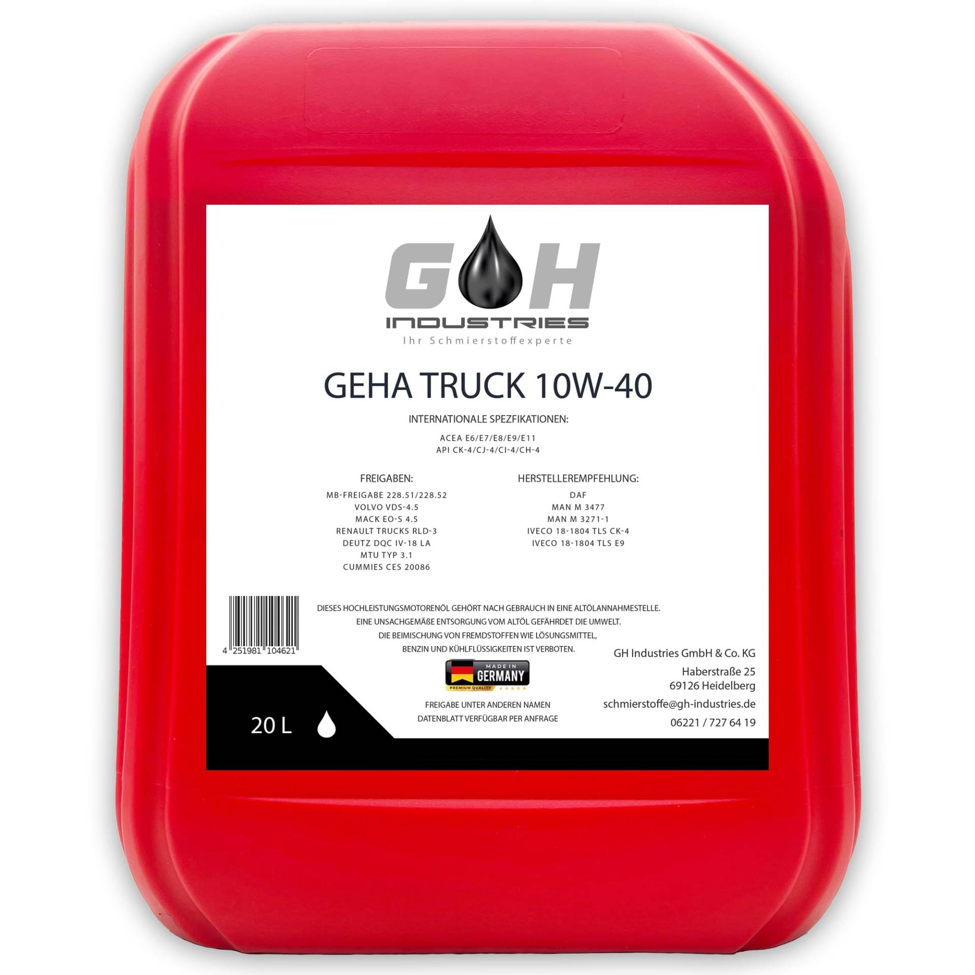 20 L GEHA Truck 10W40 | MB 228.51 | MB 228.52 | verschiedene weitere Freigaben siehe Artikelbeschreibung | LKW Motorenöl | Bus Motoröl | von SGplusMH