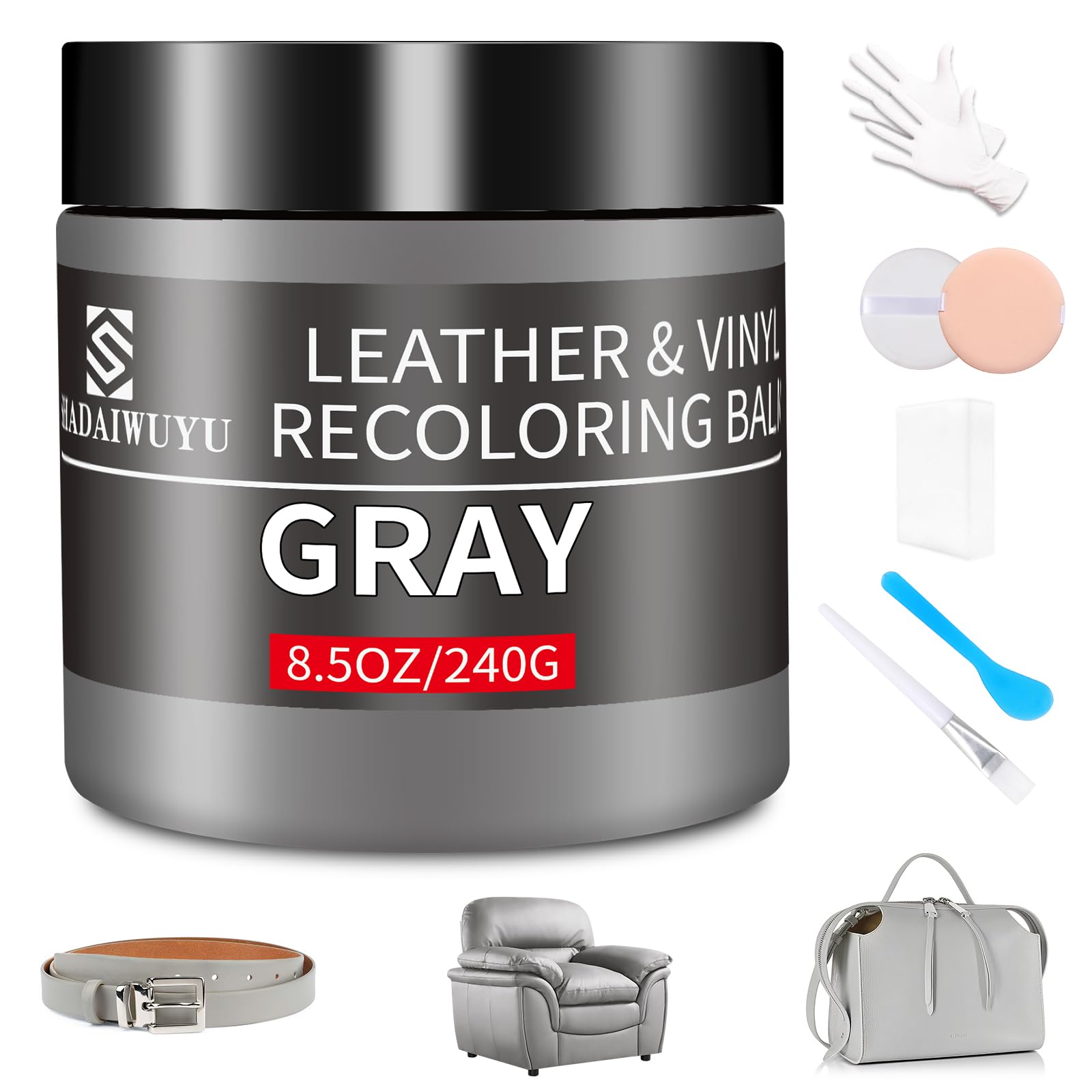 SHADAIWUYU 240g Lederpflege Auto,Leder Reparatur Set Grau,Flüssigleder,Lederfarbe,Kunstleder Reparaturset zum Reparieren von Sofas,Vinylmöbeln,Autositz,Lederschuhen,Sattel bei Verblassen und Kratzern von SHADAIWUYU