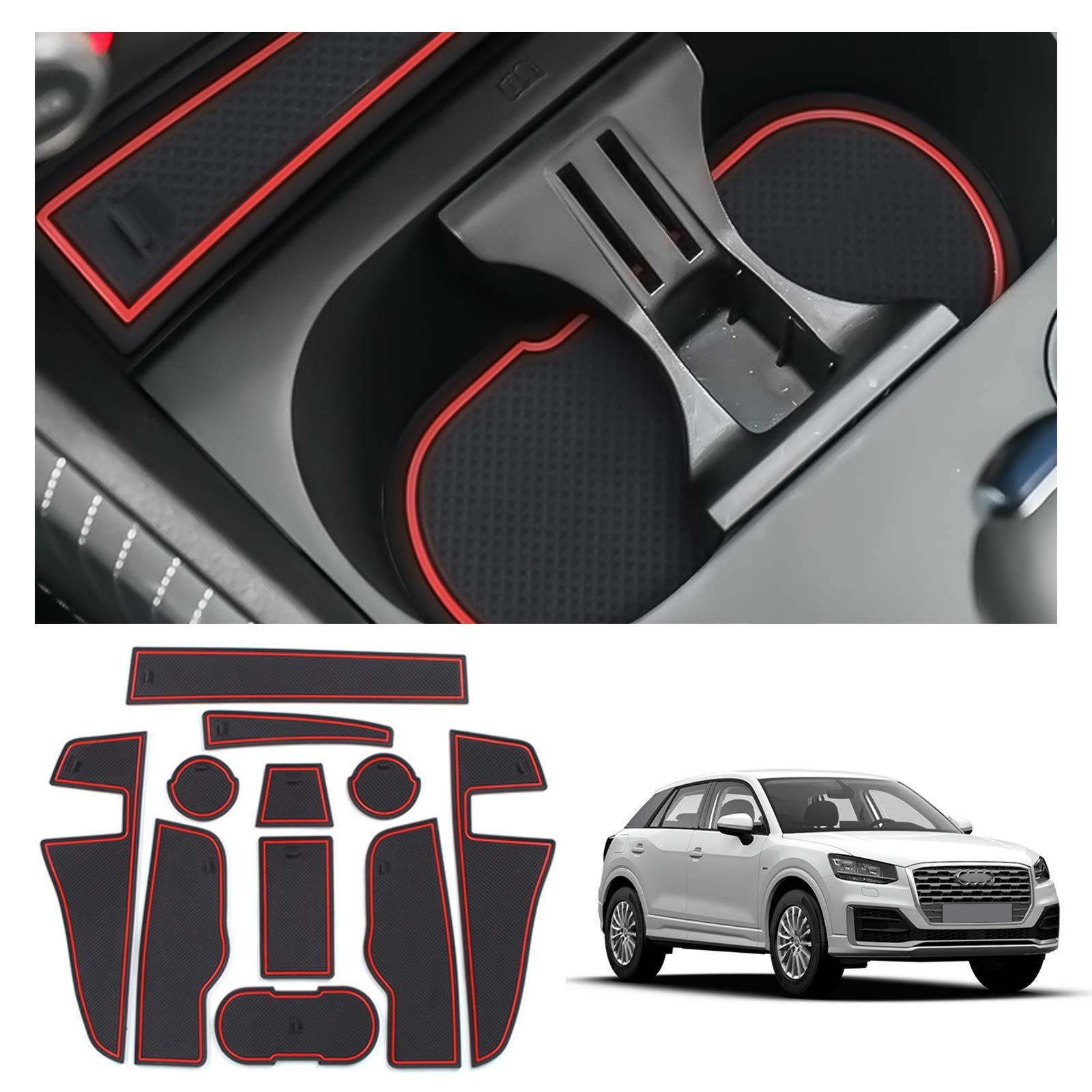 SHAOHAO Kompatibel mit Audi Q2 2017-2022 2023 2024 Anti-Staub rutschfeste Innentür, Tasse, Arm Box, lagerung Matte Innentür Gummimatten rot Audi Q2 2024 von SHAOHAO