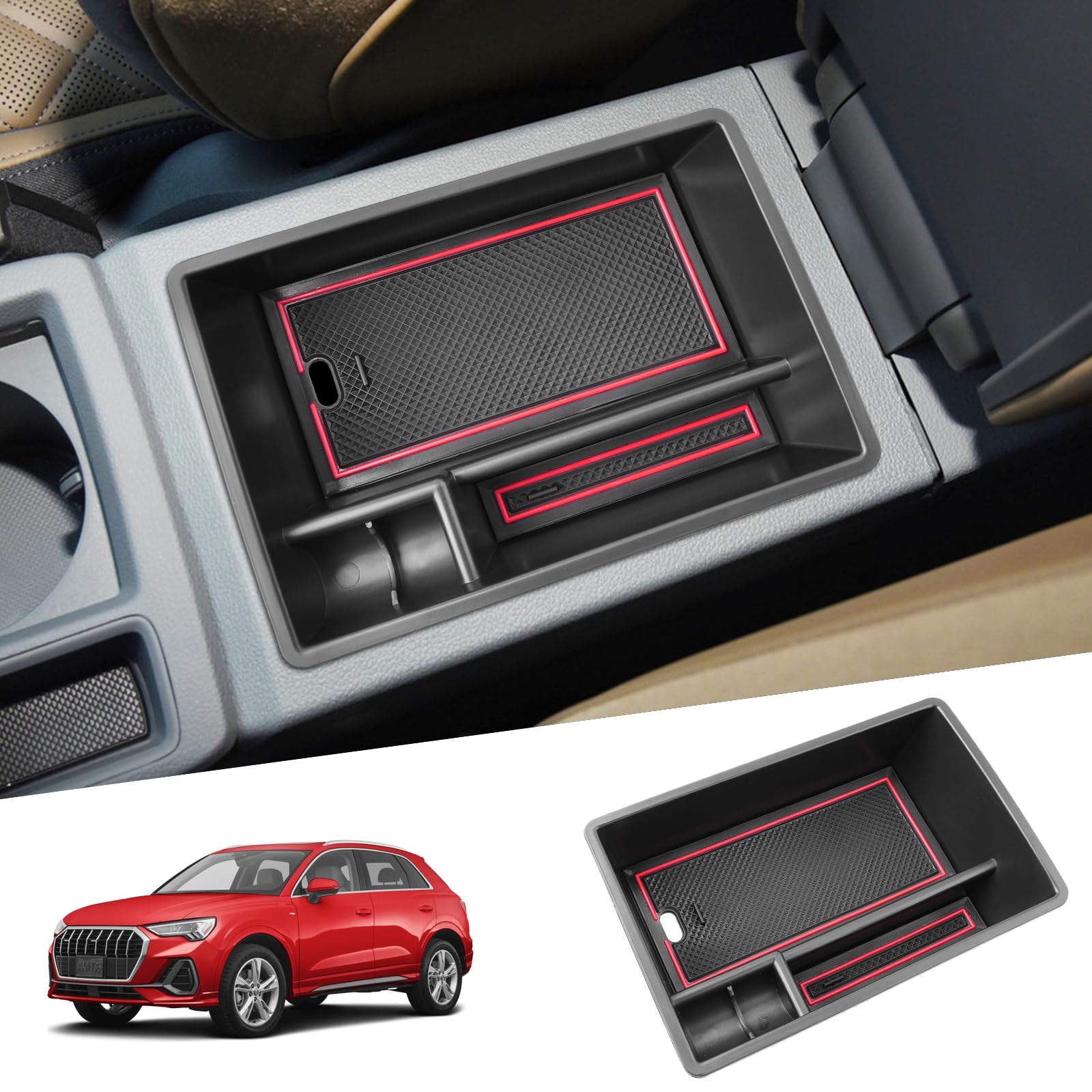 SHAOHAO Kompatibel mit Audi Q3 F3 /Q3 Sportback 2019-2023 2024 2025 Mittelkonsole Aufbewahrungsbox Handschuhfach Armlehne Auto Center Console Organizer audi q3 Sportback zubehör von SHAOHAO