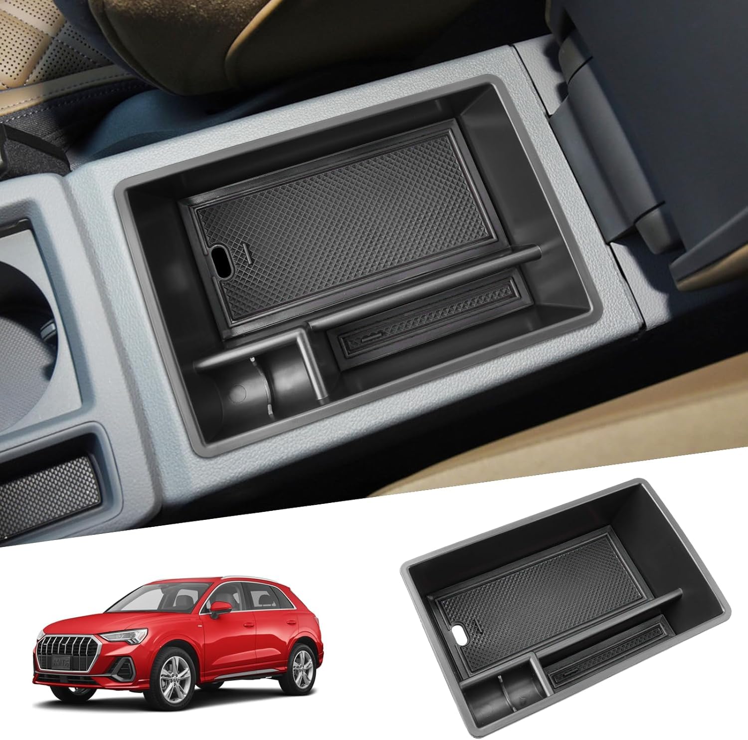 SHAOHAO Kompatibel mit Audi Q3 F3 MK2 / Sportback 2019-2022 2023 2024 Zubehör Mittelkonsole Aufbewahrungsbox Handschuhfach Armlehne Auto Center Console Organizer audi q3 zubehör Schwarz von SHAOHAO