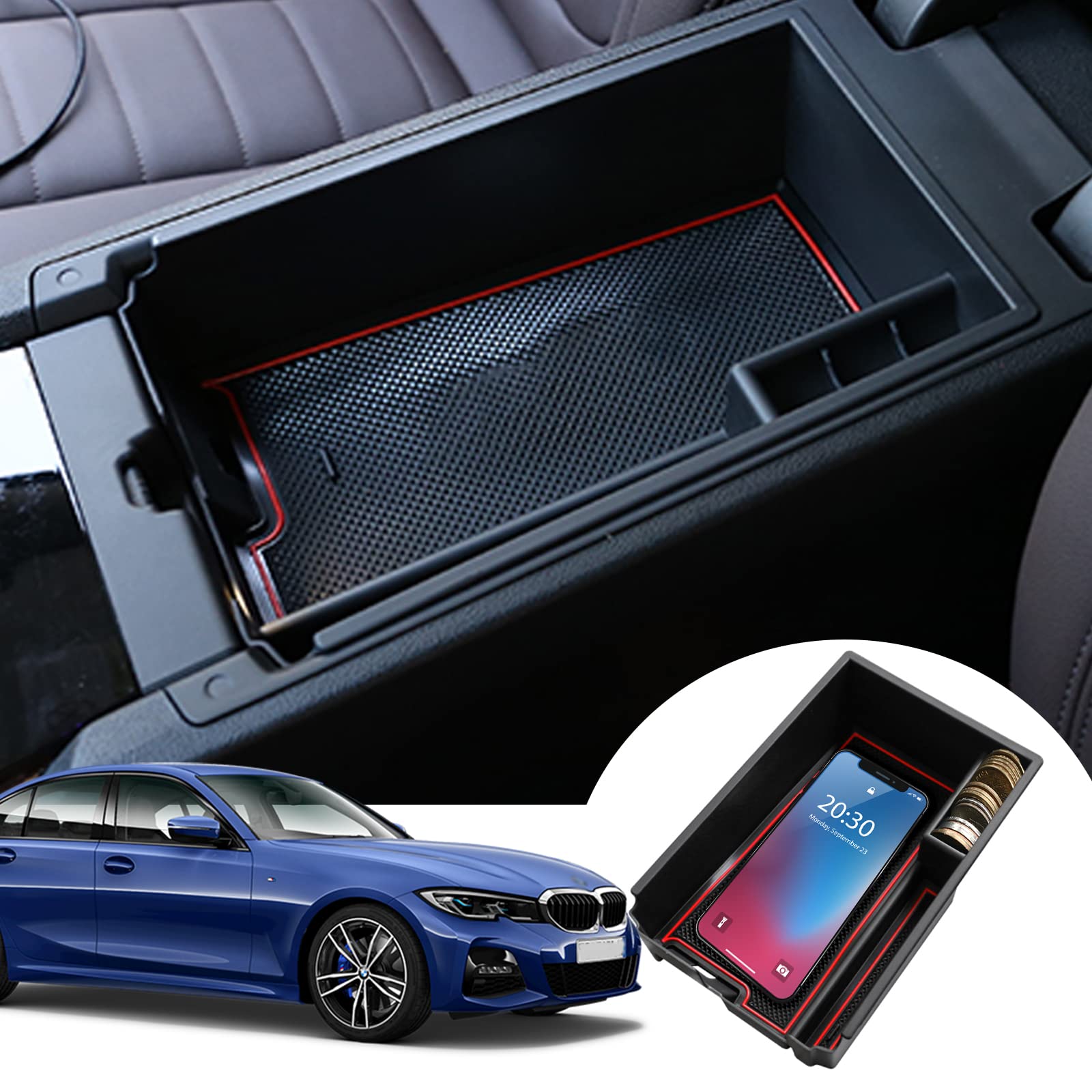 SHAOHAO Kompatibel mit BMW 3er G20 2019 2020 2021 2022 2023 Mittelkonsole Armlehne Aufbewahrungsbox Mittelarmlehne Organizer Tray, Multifunktionaler Handschuhfach Autozubehör (Rot) von SHAOHAO