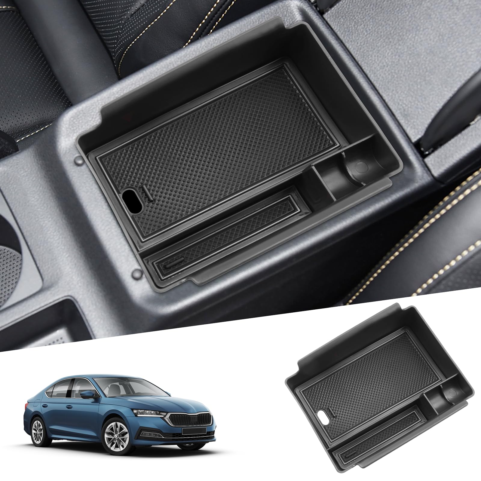 SHAOHAO Kompatibel mit Skoda Octavia 4 MK4 NX 2020-2024 Mittelkonsole Armlehne Aufbewahrungsbox Mittelarmlehne Organizer Tray, Multifunktionaler Handschuhfach Skoda Octavia Zubehör Schwarz von SHAOHAO