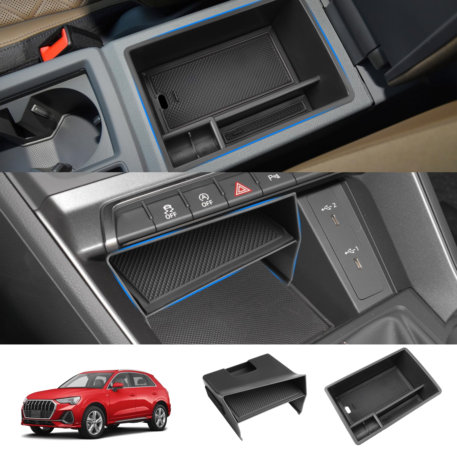 SHAOHAO Organizer Set 2 in 1 Kompatibel mit Audi Q3 F3 MK2 2019 2020 2021 2022 2023 2024（1 Armlehnenbox-Organizer + 1 Mittelkonsolen-Organizer） Audi Q3 zubehör von SHAOHAO