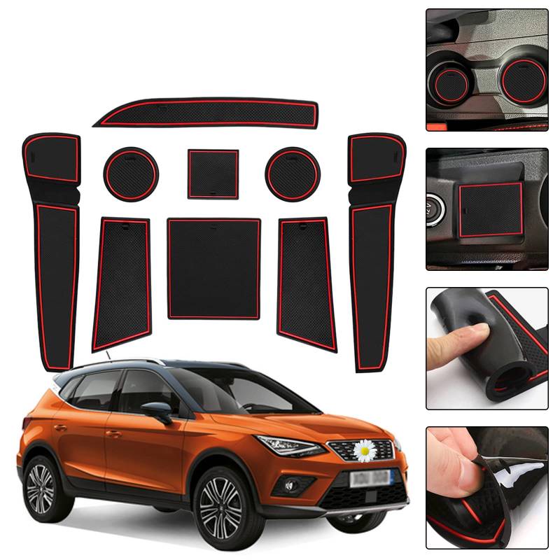 SHAOHAO für SEAT Ibiza MK5 6F/KJ1 2018-2023 2024 / Arona KJ7 2017-2023 2024 Gummimatten Anti-Staub rutschfeste Innentür, Tasse, Arm Box, lagerung Matte Innentür Gummimatten（Rot） von SHAOHAO