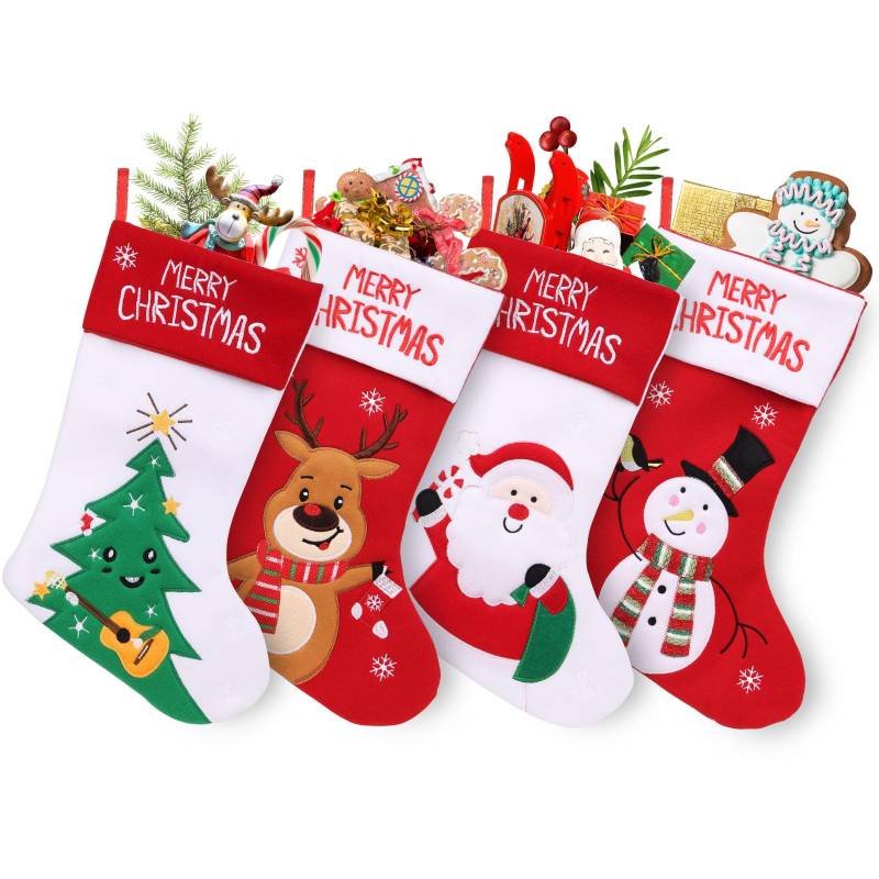 SHAVINGFUN Weihnachtsstrümpfe, 4er-Pack, Cartoon-Weihnachtsmann, Elch, Schneemann, Weihnachtsbaum, personalisierte Weihnachtsstrümpfe zum Aufhängen für den Weihnachtsbaum, Familiendekoration von SHAVINGFUN