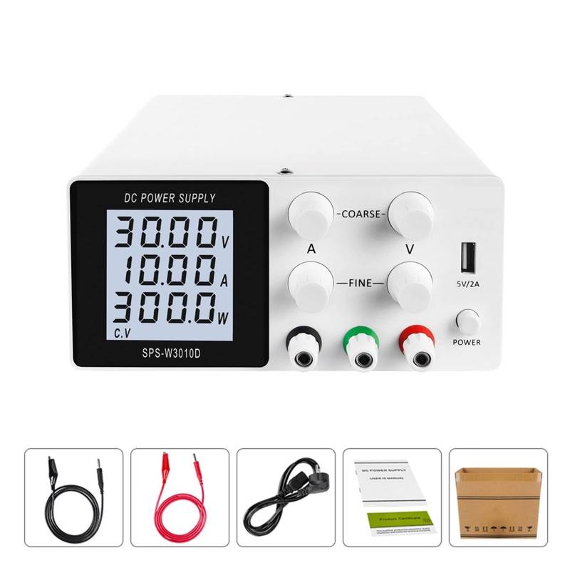 Stromversorgung, Einstellbares DC-Netzteil 30 V 10 A LCD-Bildschirm schützt Augen USB-Digital-Laborbank-Spannungsreglerschalter(SPS-W3010D White) von SHEHUALI