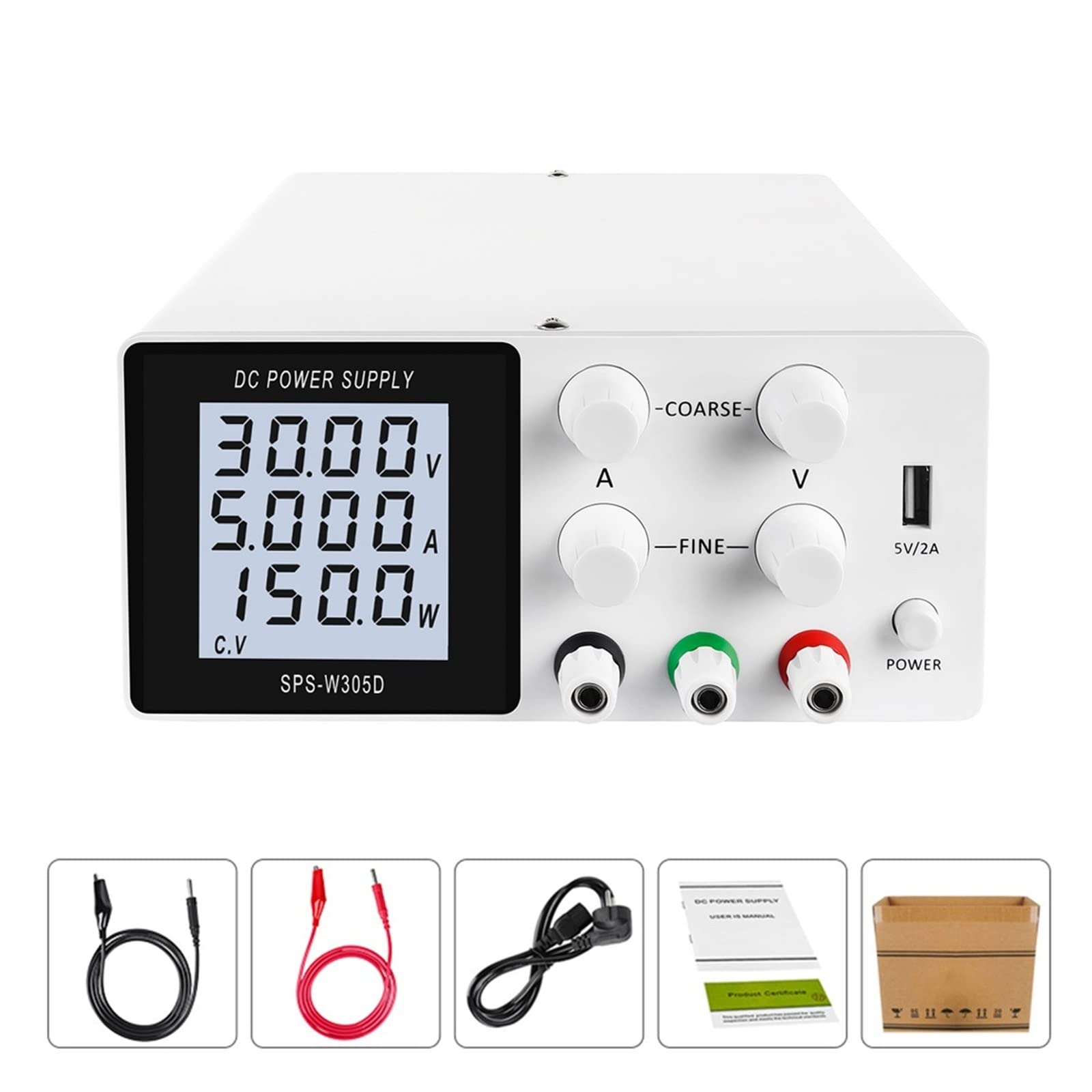 Stromversorgung, Einstellbares DC-Netzteil 30 V 10 A LCD-Bildschirm schützt Augen USB-Digital-Laborbank-Spannungsreglerschalter(SPS-W305D White) von SHEHUALI