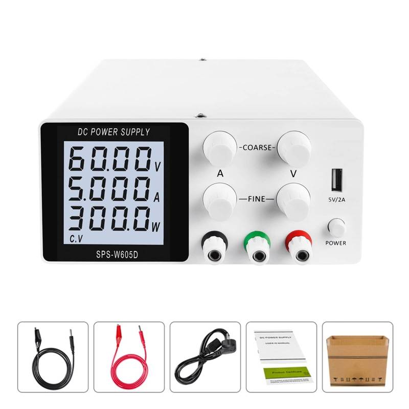 Stromversorgung, Einstellbares DC-Netzteil 30 V 10 A LCD-Bildschirm schützt Augen USB-Digital-Laborbank-Spannungsreglerschalter(SPS-W605D White) von SHEHUALI