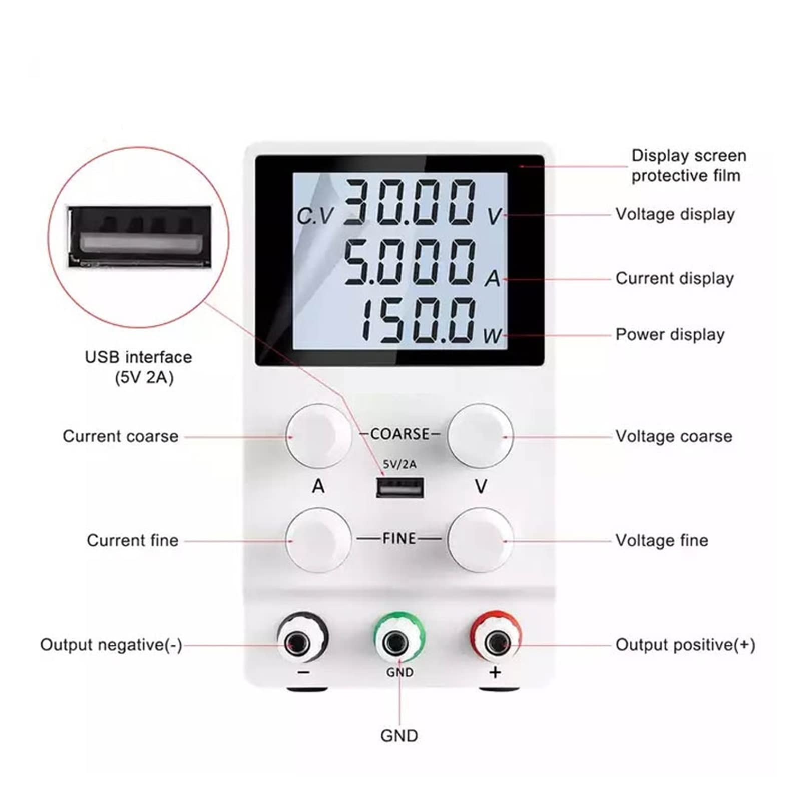 Stromversorgung, USB DC Labornetzteil Einstellbarer 60V 10A Spannungsregler stabilisiertes Schaltbank-Netzteil Heimwerkerwerkzeuge(SPS3010D White) von SHEHUALI