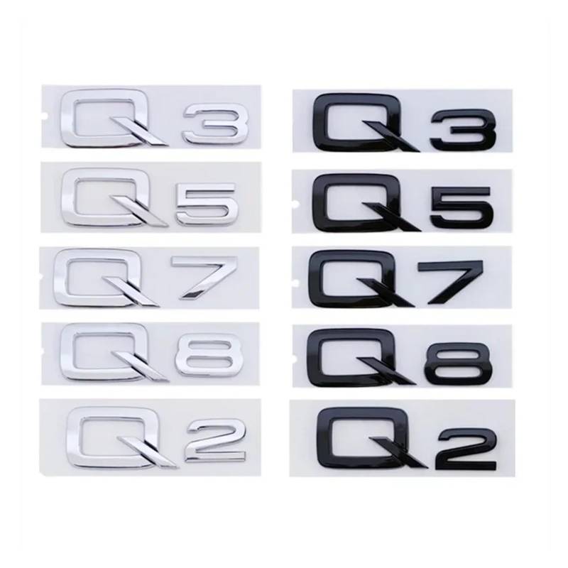 SHENGG 3D ABS Klebstoff Chrom Schwarz Auto Stamm Anzahl Buchstaben Aufkleber for Q2 Q3 Q5 Q7 Q8 Logo Emblem Typenschild Abzeichen Zubehör(Chrome Silver,A 1) von SHENGG