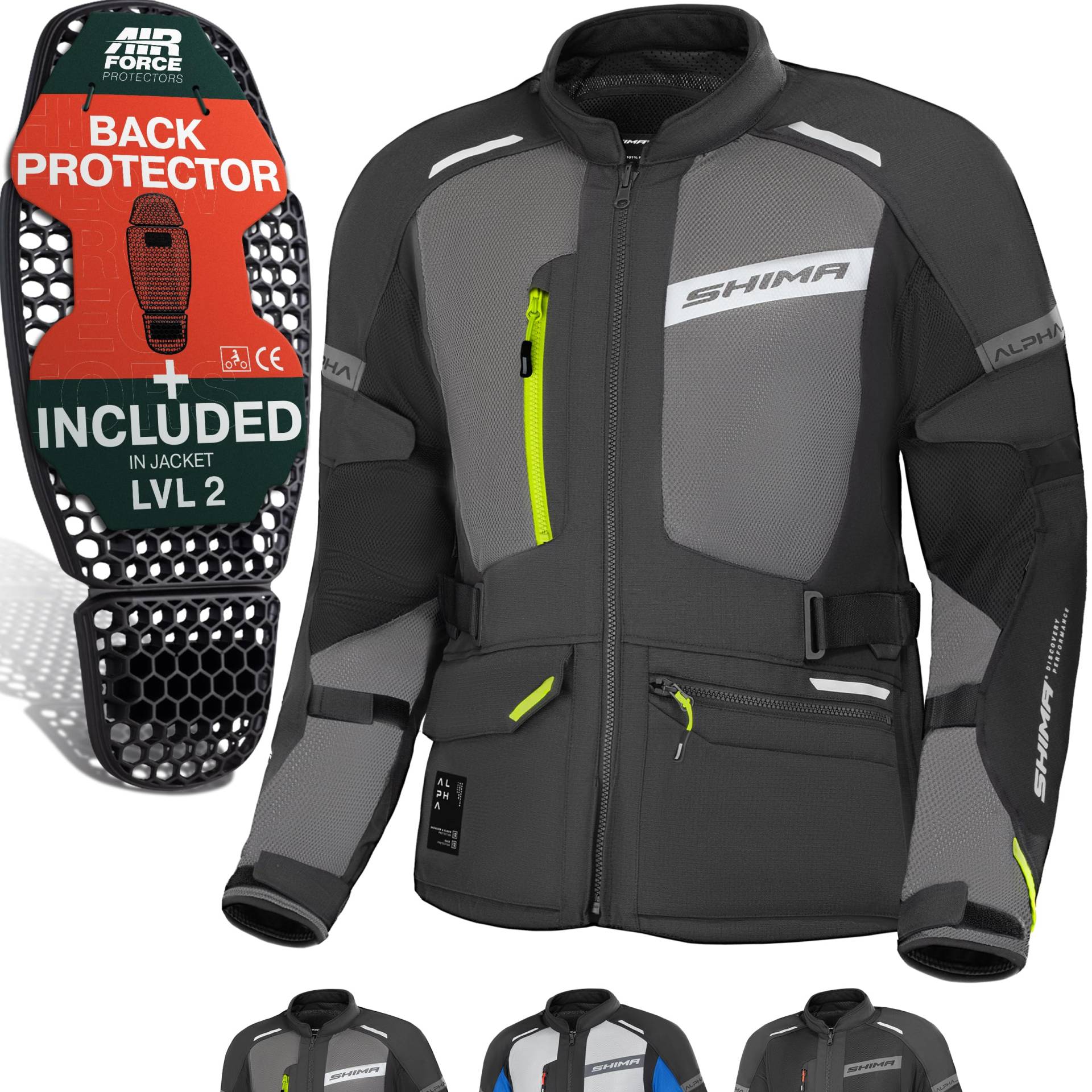 SHIMA ALPHA Motorrad Jacke Herren mit Protektoren AIRFORCE Rückenprotektor Schutzjacken Schulter Protektor Ellbogen Textiljacke Wasserdicht Protektorenjacke Motorradkombi (Männer, Fluo, XXL) von SHIMA