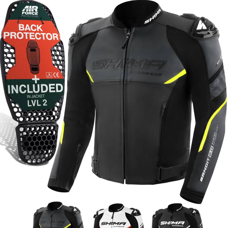 SHIMA BANDIT Motorrad Jacke Herren mit Protektoren AIRFORCE Rückenprotektor Leder Motorradjacke Sommer Schulter Protektor Ellbogen Lederjacke Schutzjacken Motorradkombi Stadt (Männer, Fluo, 48) von SHIMA