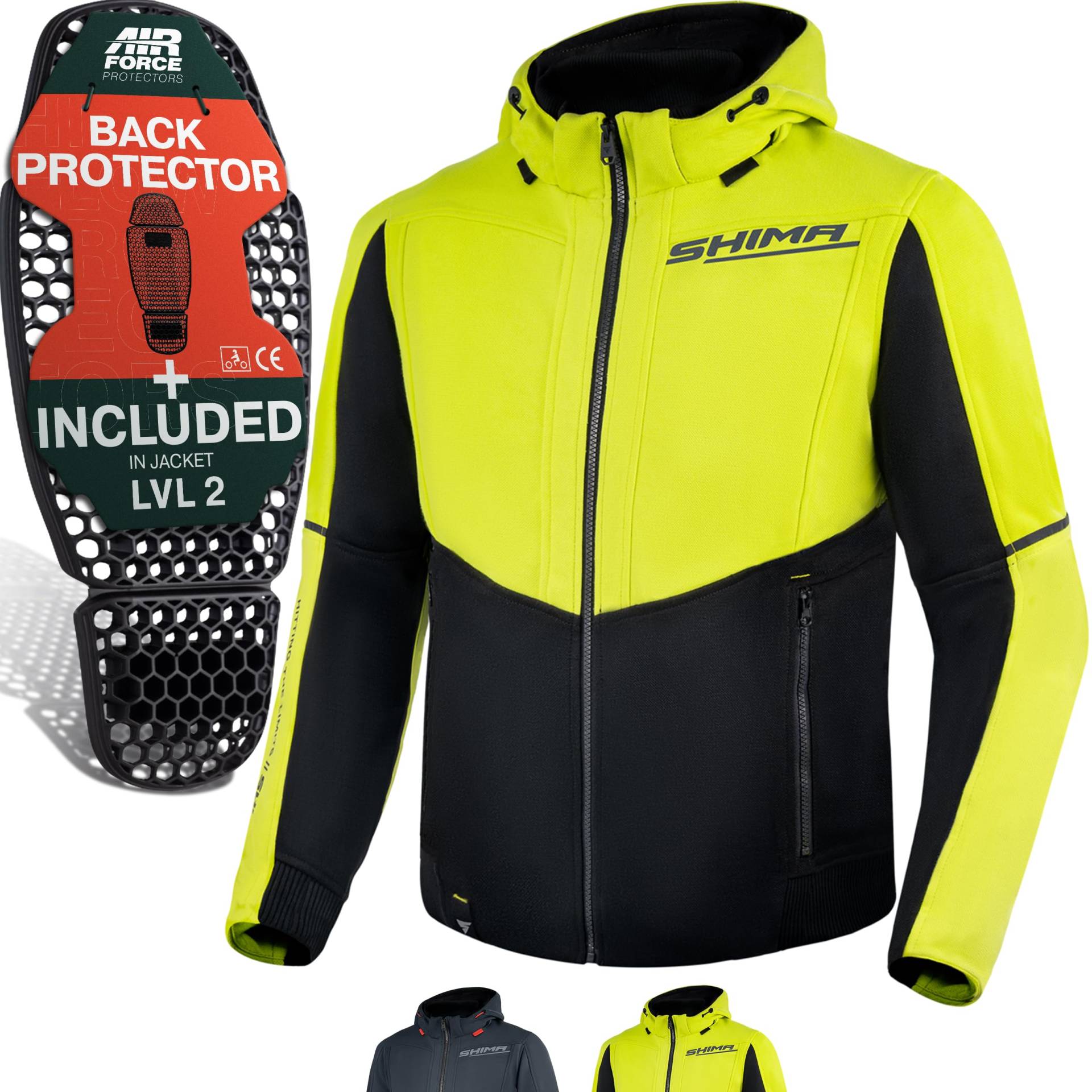 SHIMA DAYBREAKER MEN - Motorrad-Kapuzenpulli für Männer Herren - FiberQL - Aramid und Kühlschicht, Rücken-, Schulter-, Ellbogenprotektoren, Reißverschluss und Schnappverschluss (Fluo, S) von SHIMA