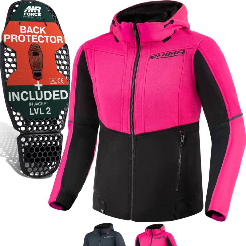 SHIMA DAYBREAKER Motorrad Jacke Damen mit Protektoren AIRFORCE Rückenprotektor Motorradjacke Hoodie Sommer Schulter Protektor Ellbogen Textiljacke Motorradhoodie (Frauen, Rosa, XL) von SHIMA