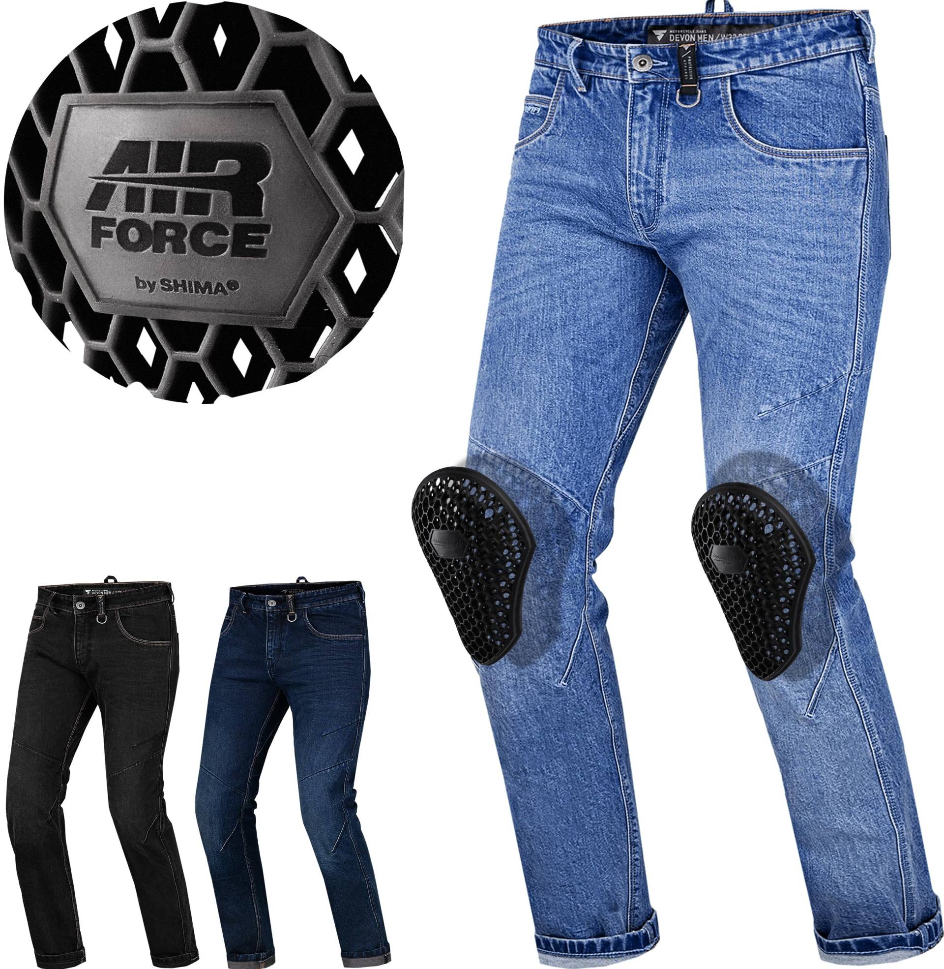 SHIMA DEVON Motorradjeans - Belüftete Elastische Slim Fit Biker Motorradhose mit FiberQL-Verstärkungen, Knie- und Hüftprotektoren (Blau, 32) von SHIMA