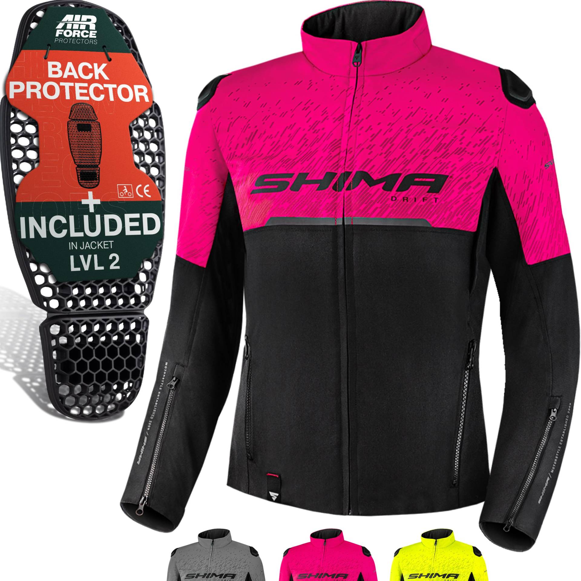 SHIMA DRIFT Motorrad Jacke Damen mit Protektoren AIRFORCE Rückenprotektor Motorradjacke Sommer Schulter Protektor Ellbogen Textiljacke Schutzjacken Protektorenjacke Stadt (Frauen, Rosa, S) von SHIMA