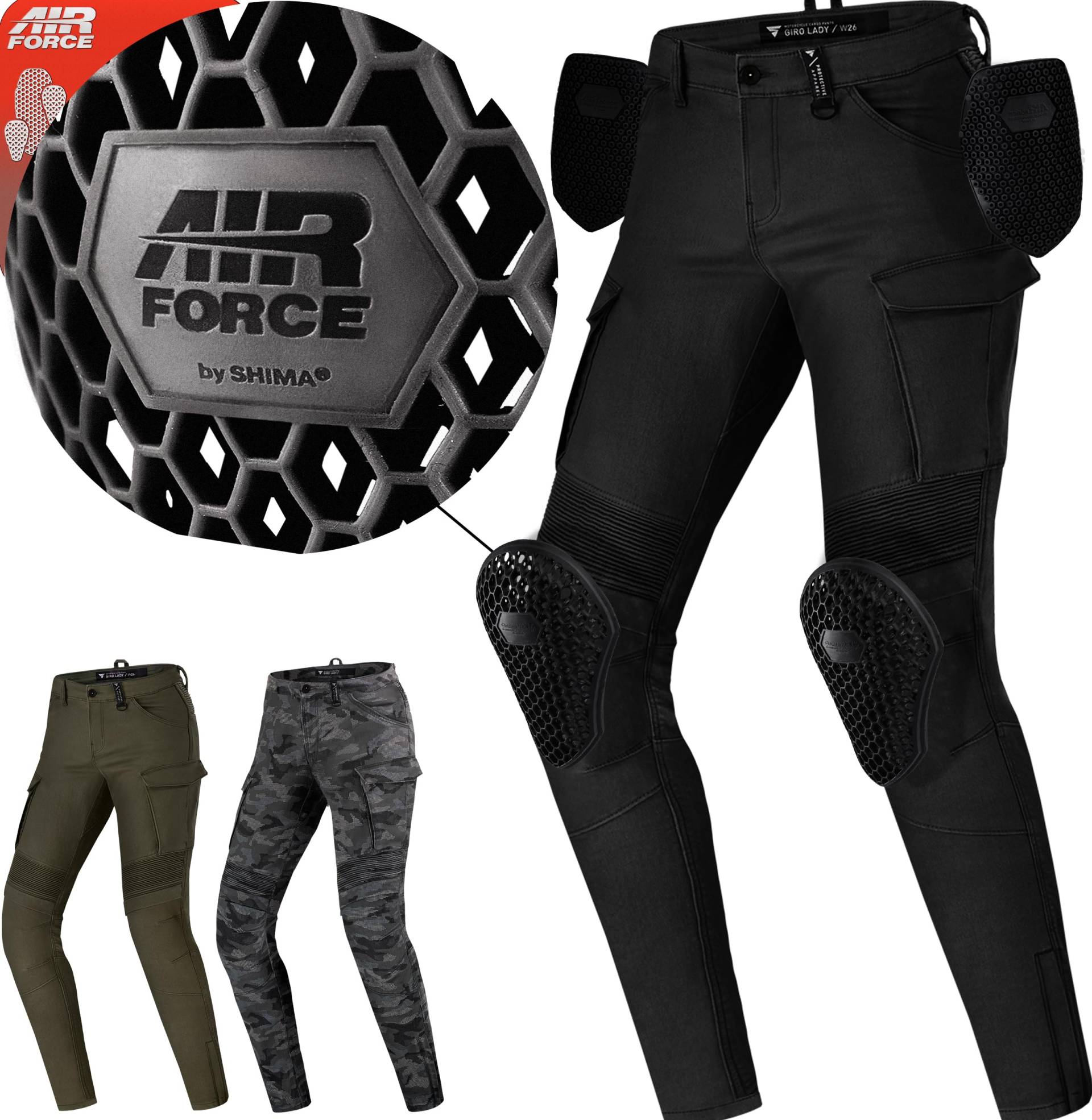 SHIMA GIRO 2.0 LADY Motorradhose Damen - Elastische, Slim Fit, Cargo Biker Hose Damen mit DuraQL Schicht, Knie und Hüft Protektoren, Oberschenkeltaschen (Schwarz, 24 LONG) von SHIMA