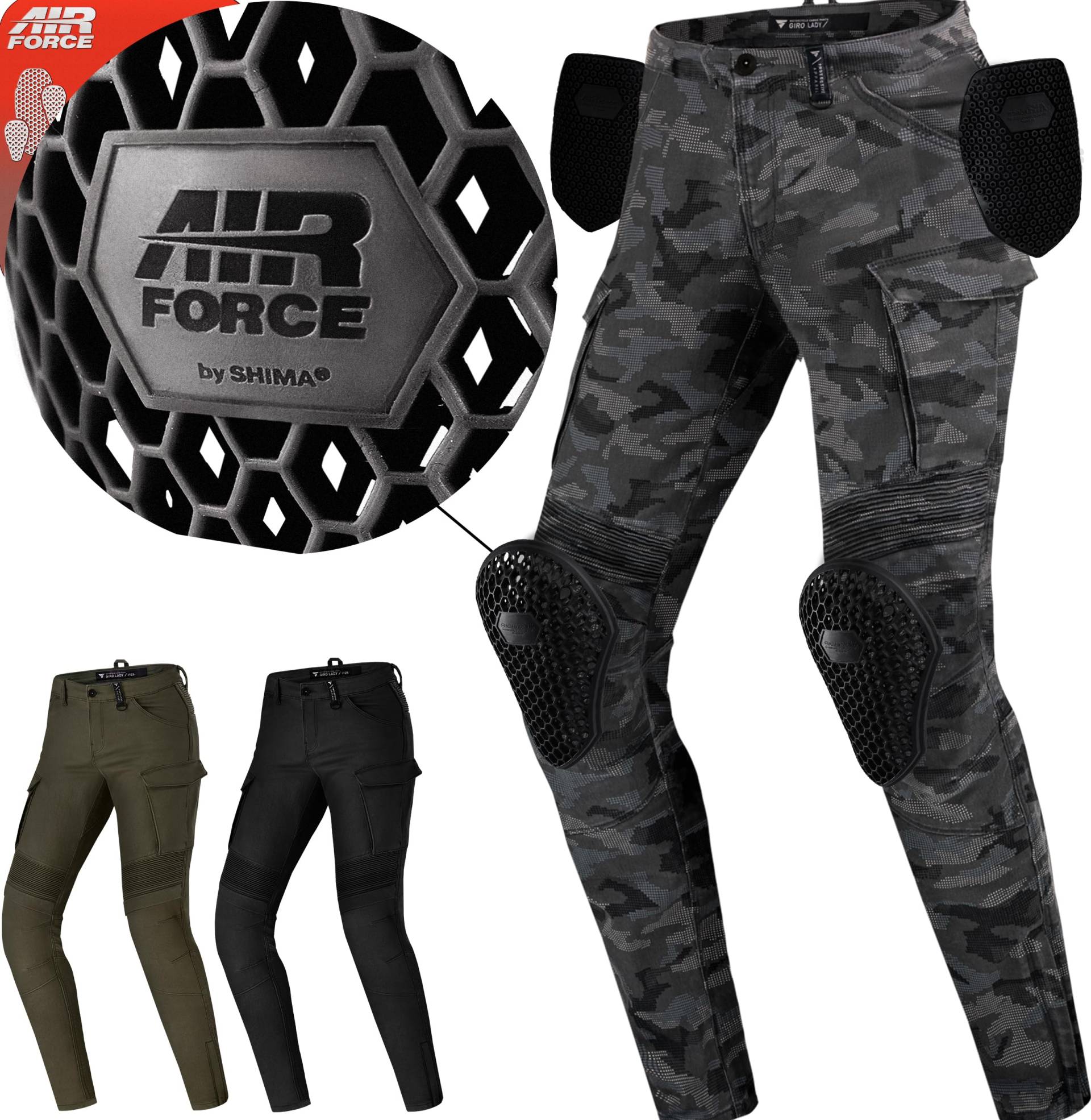 SHIMA GIRO 2.0 LADY Motorradhose Damen - 4 Airforce Protektoren, Elastische, Slim Fit, Cargo Biker Hose mit DuraQL Aramid (Camo, 30) von SHIMA