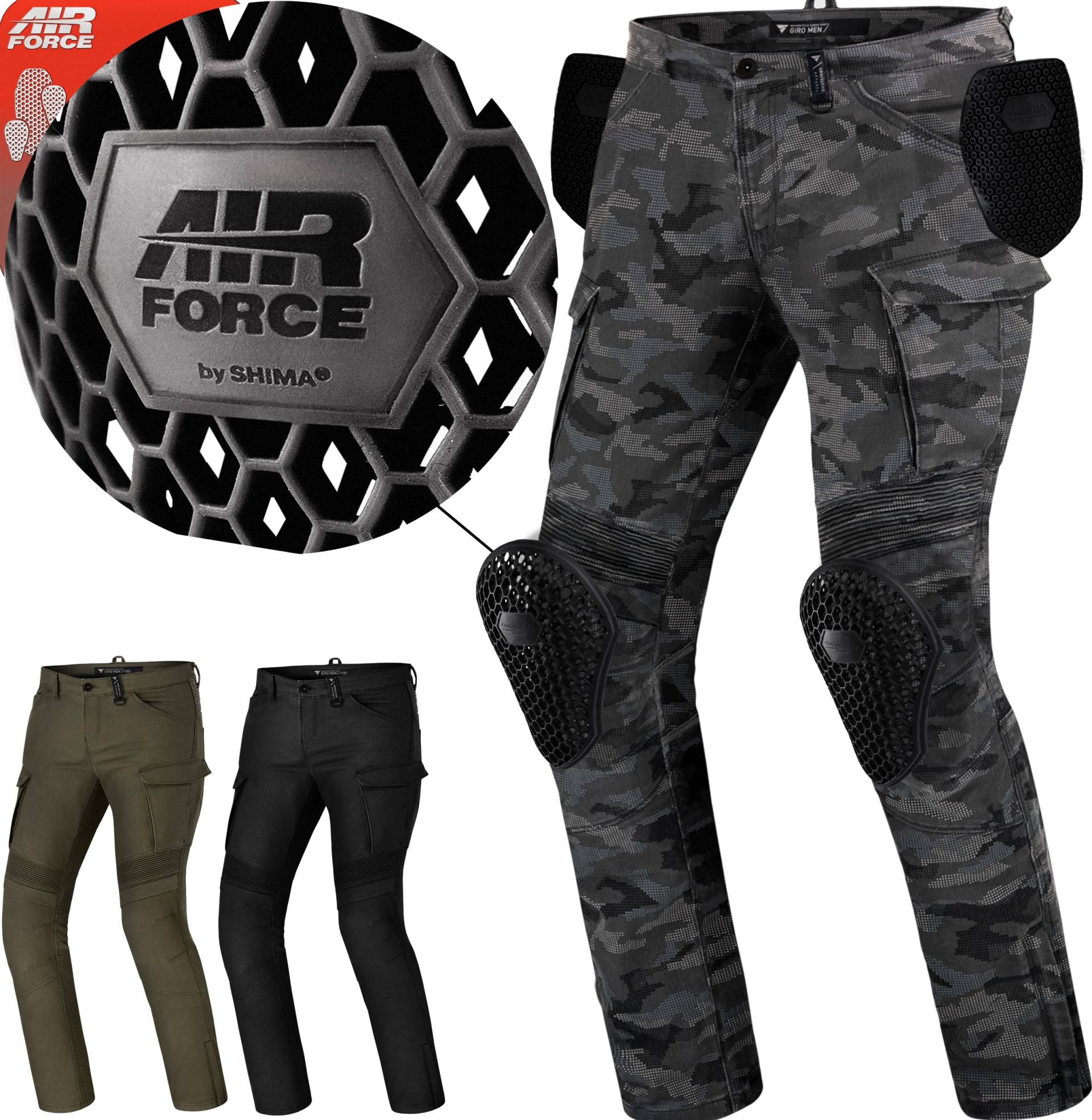 SHIMA GIRO 2.0 Motorradhose Herren - 4 Airforce Protektoren, Elastische, Slim Fit, Cargo Biker Hose mit DuraQL Aramid (Camo, 32 LONG) von SHIMA