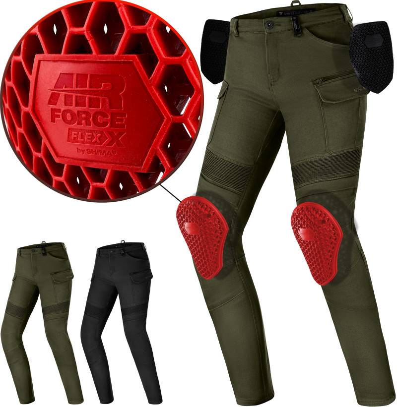 SHIMA Giro Motorrad Hose Damen mit Protektoren Airforce Knieprotektoren Motorradhose Kurzgrößen Hosen für Mann Protektorenhose Textilhose Urban Stretch Cargohose Lang (Frauen, Khaki, 26/30) von SHIMA