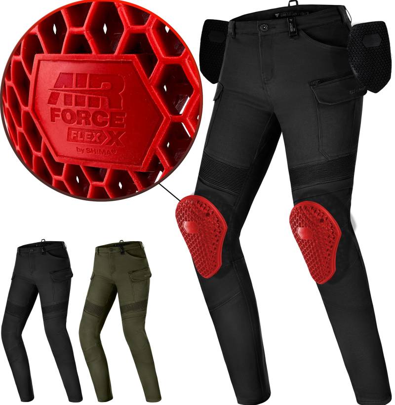 SHIMA Giro Motorrad Hose Damen mit Protektoren Airforce Knieprotektoren Motorradhose Kurzgrößen Hosen für Mann Protektorenhose Textilhose Urban Stretch Cargohose Lang (Frauen, Schwarz, 28/30) von SHIMA