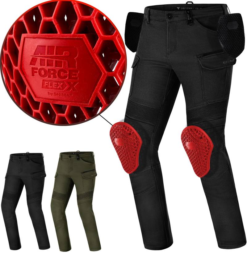 SHIMA Giro Motorrad Hose Herren mit Protektoren Airforce Knieprotektoren Motorradhose Kurzgrößen Hosen für Mann Protektorenhose Textilhose Urban Stretch Cargohose Lang (Männer, Schwarz, 32/32) von SHIMA