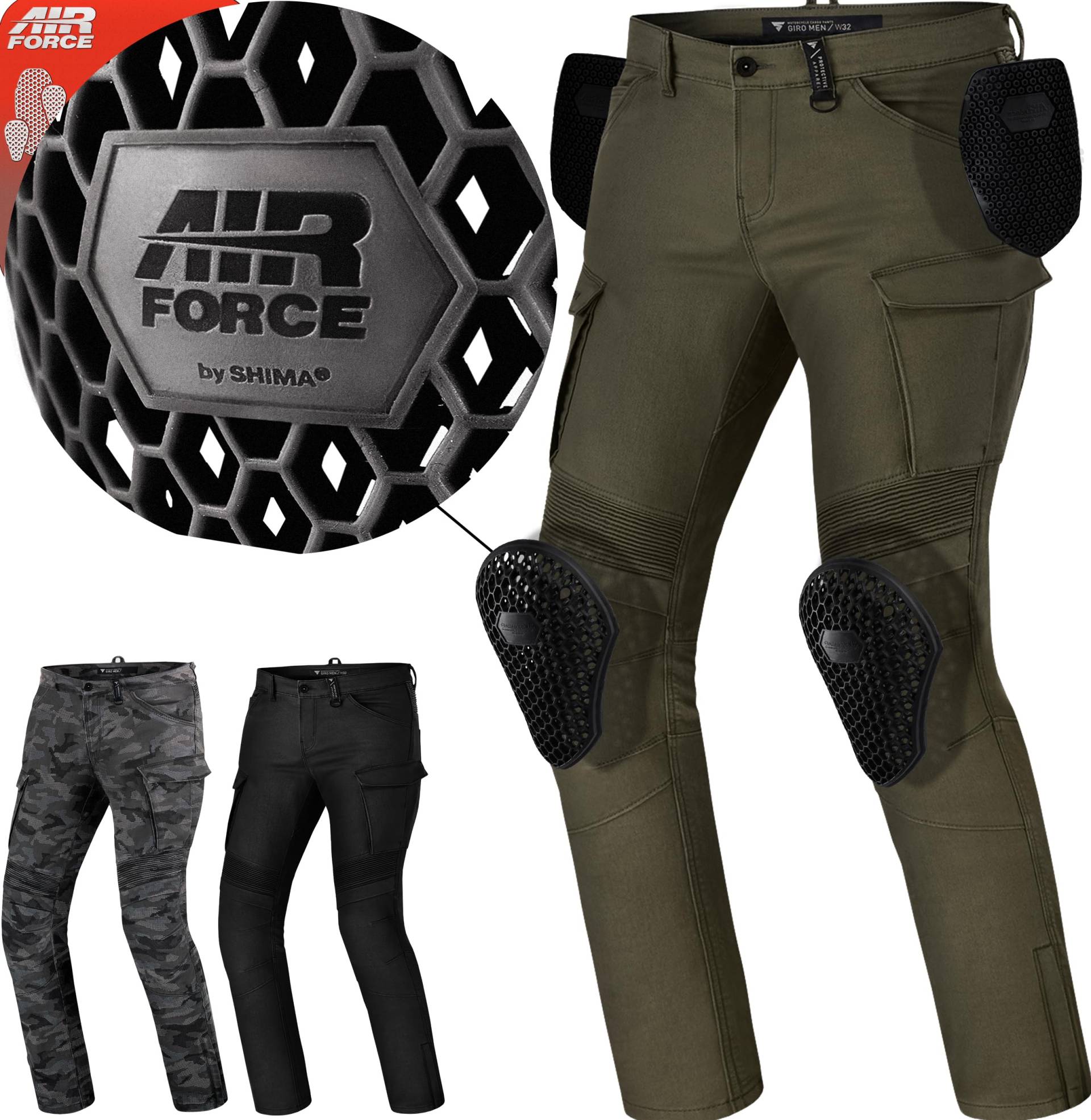 SHIMA GIRO 2.0 Motorradhose Herren - Elastische Regular Fit Cargo Biker Hose Männer mit DuraQLschicht, Knie und Hüft Protektoren, Oberschenkeltaschen (Khaki, 38) von SHIMA