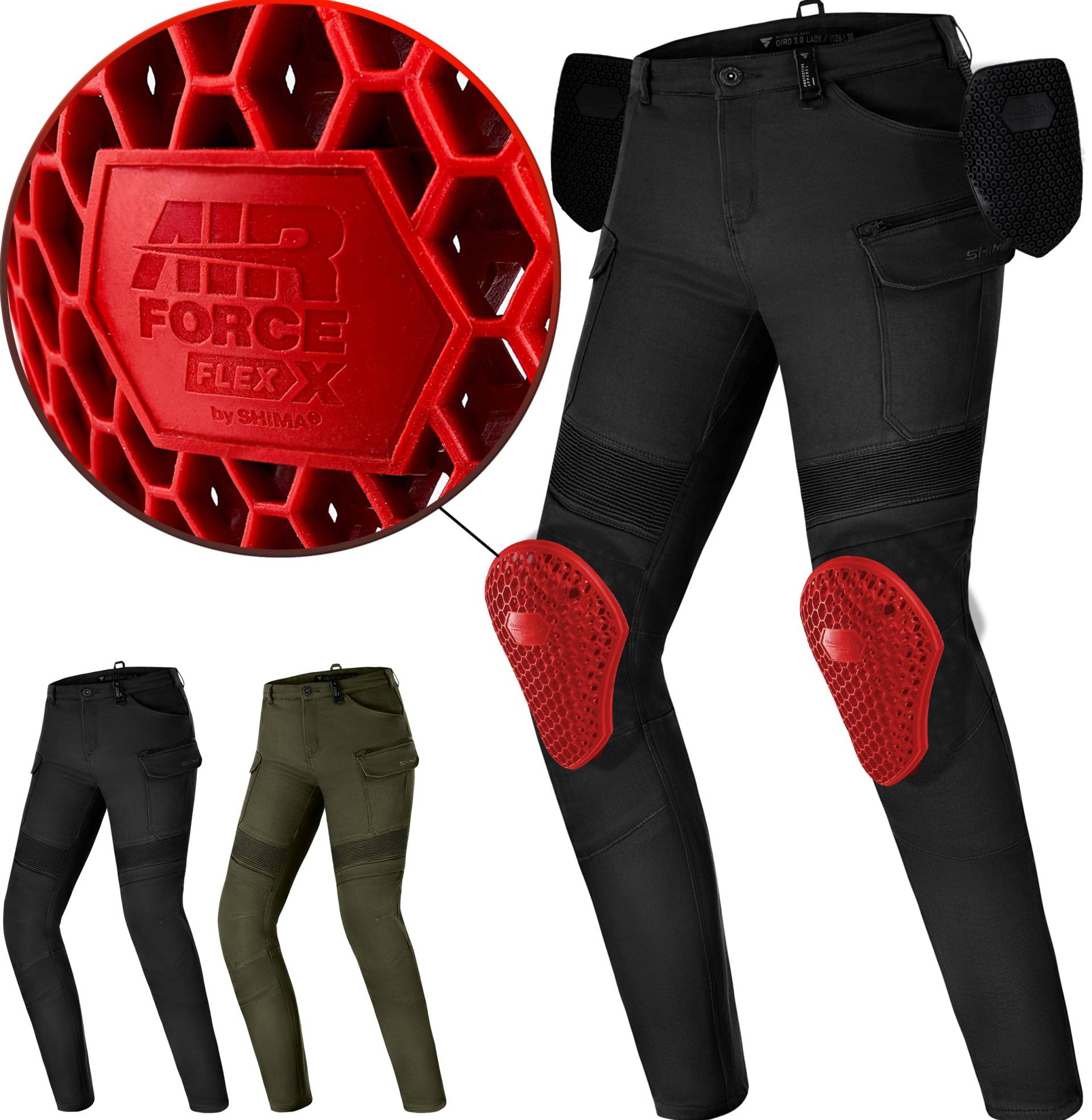 SHIMA Giro Motorrad Hose Damen mit Protektoren Airforce Knieprotektoren Motorradhose Kurzgrößen Hosen für Mann Protektorenhose Textilhose Urban Stretch Cargohose Lang (Frauen, Schwarz, 34/30) von SHIMA