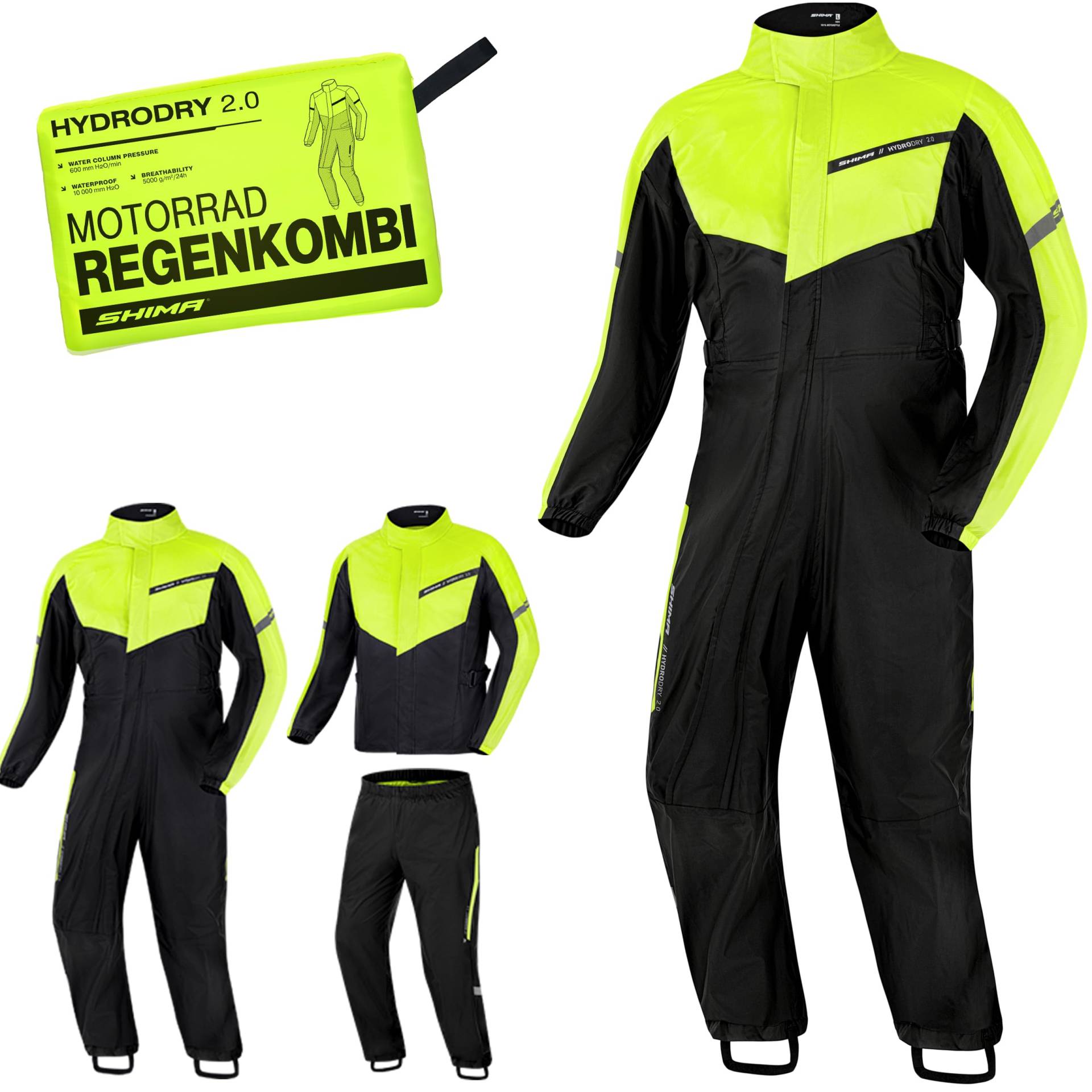 SHIMA HYDRODRY 2.0 Motorrad Regenbekleidung Kombi Wasserdicht Reflektierend Damen Herren Set Regenkombi Waterproof Regenschutz Atmungsaktiv Motorradkombi (Motorradanzug Unisex, Fluo, 3XL) von SHIMA