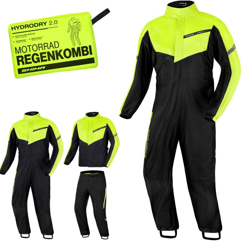 SHIMA HYDRODRY 2.0 Motorrad Regenbekleidung Kombi Wasserdicht Reflektierend Damen Herren Set Regenkombi Waterproof Regenschutz Atmungsaktiv Motorradkombi (Motorradanzug Unisex, Fluo, 4XL) von SHIMA