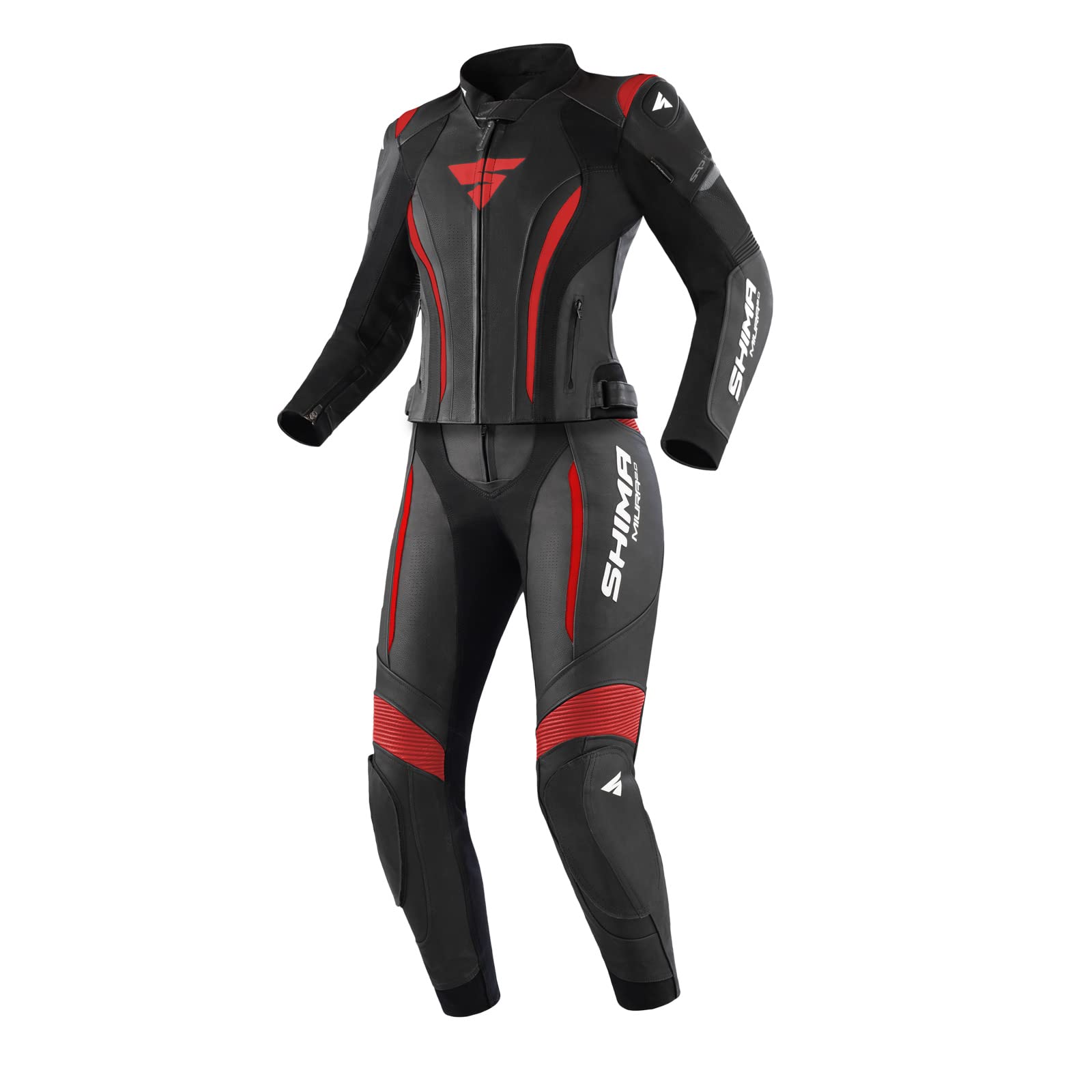 SHIMA Miura 2.0 Motorradkombi - Leder, Damen, Sport Kombi mit Rücken-, Ellbogen-, Knie-, Hüft- und Schulterprotektoren, perforiertes Leder, 2-teiligen, Jacke und Hosen (32, Schwarz/Rot) von SHIMA