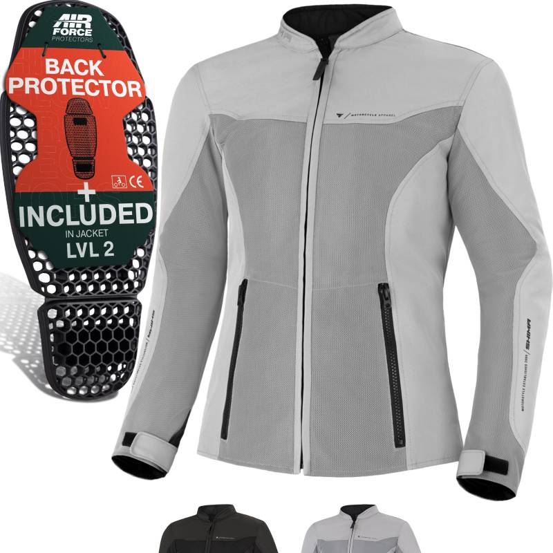 SHIMA OpenAir Motorrad Jacke Damen mit Protektoren AirForce Rückenprotektor Motorradjacke Sommer Mesh Belüftet Textiljacke Schutzjacken Protektorenjacke Luftige (Frauen, Grau, S) von SHIMA