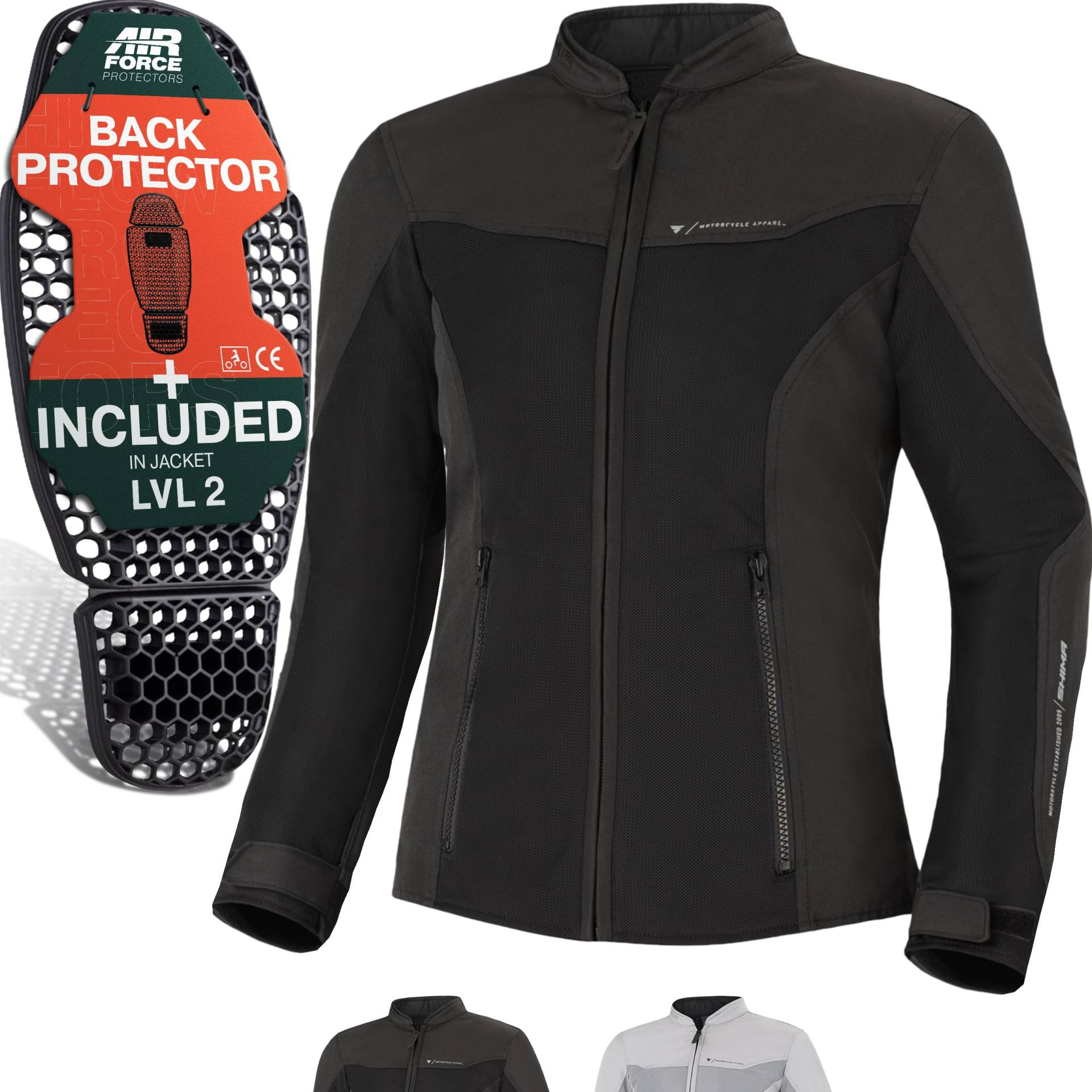 SHIMA OpenAir Motorrad Jacke Damen mit Protektoren AirForce Rückenprotektor Motorradjacke Sommer Mesh Belüftet Textiljacke Schutzjacken Protektorenjacke Luftige (Frauen, Schwarz, L) von SHIMA