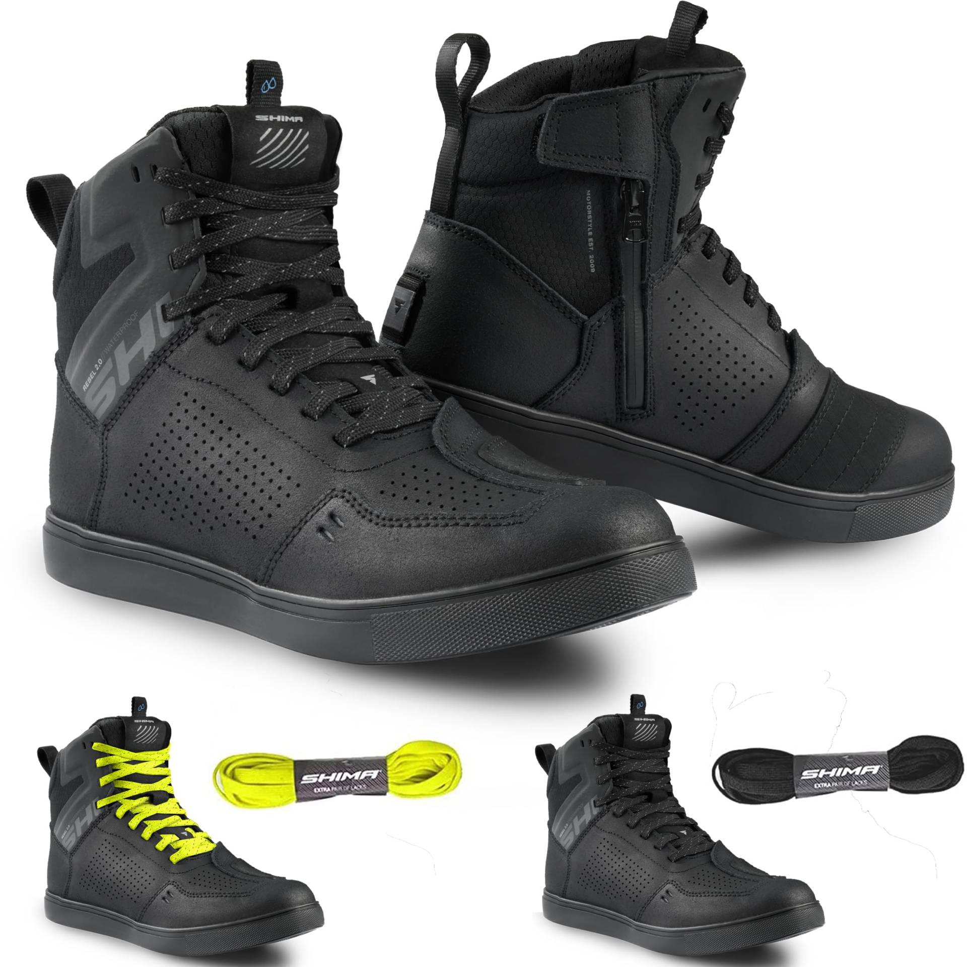 SHIMA REBEL 2.0 Motorrad Schuhe Herren Leder Wasserdicht Motorradstiefel Protektoren Sneaker Rutschfeste Sohle Knöchelstütze Seitlicher Reißverschluss Bikerboots (Männer, Wasserdicht Schwarz, 42) von SHIMA