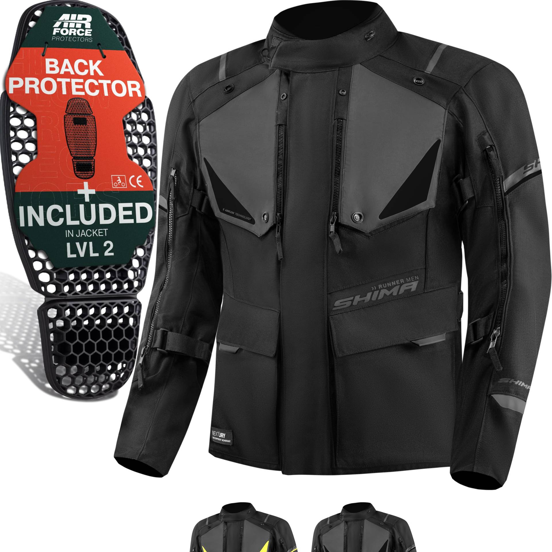 SHIMA RUNNER Motorrad Jacke Herren mit Protektoren AIRFORCE Rückenprotektor Schutzjacken Schulter Protektor Ellbogen Textiljacke Wasserdicht Protektorenjacke Stadt (Männer, Schwarz, 4XL) von SHIMA