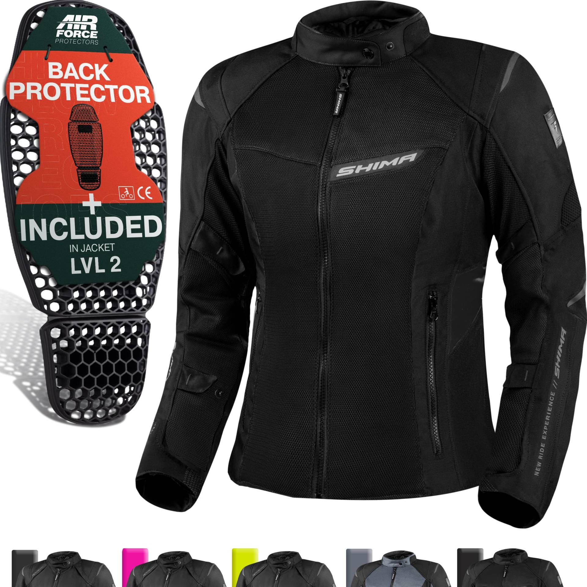 SHIMA RUSH Motorrad Jacke Damen mit Protektoren Mesh AIRFORCE Rückenprotektor Sommer Luftig Motorradjacke Wasserdicht Motorradkombi Motorradhose Touren (Schwarz, Frauen, Textilejacke, Größe 3XL) von SHIMA