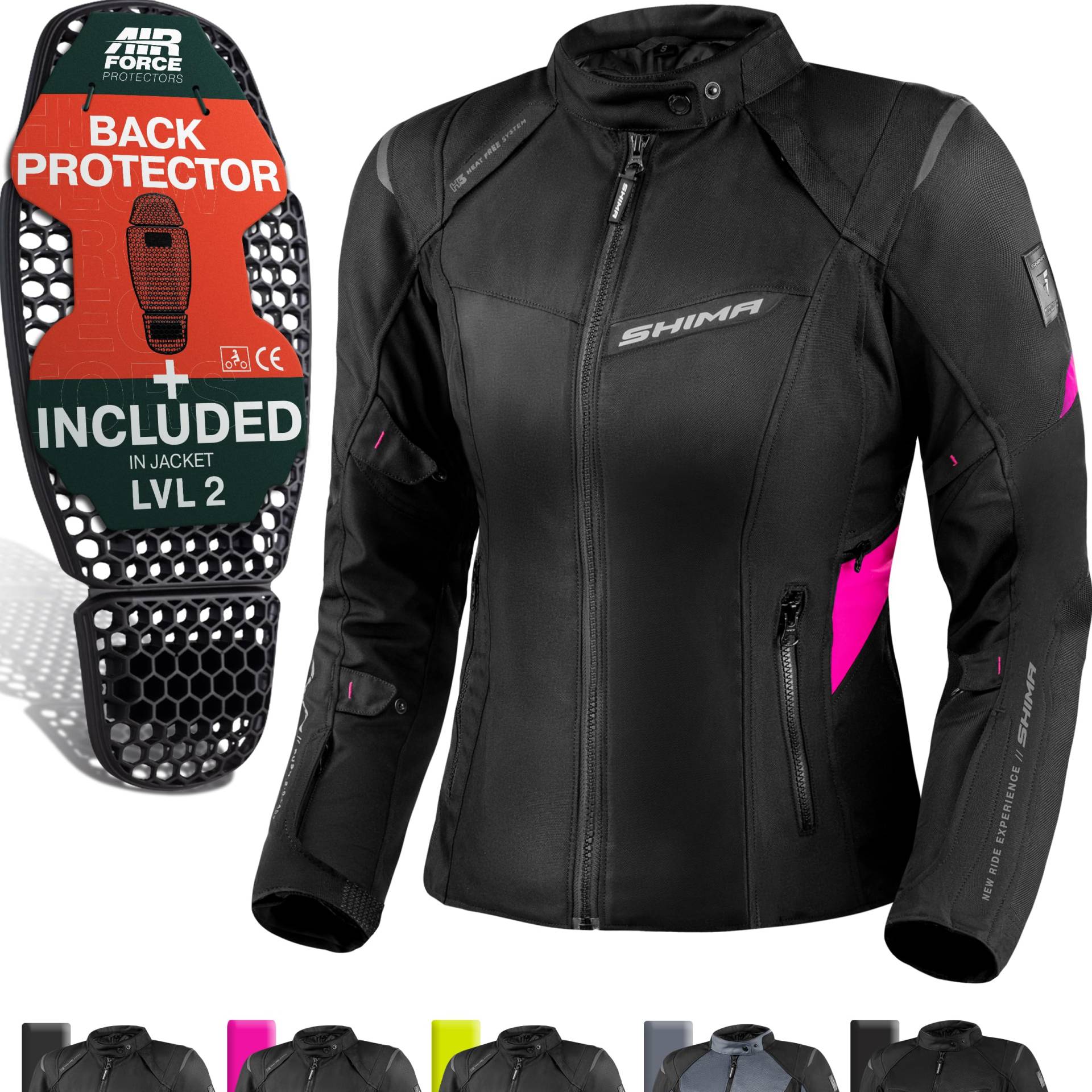 SHIMA RUSH Motorrad Jacke Damen mit Protektoren Textil | AIRFORCE Rückenprotektor | Wasserdicht Motorradjacke Sommer Motorradkombi Motorradhose Mesh Rosa (Pink, Frauen, Schutzjacken, Größe 3XL) von SHIMA