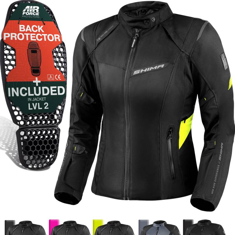 SHIMA RUSH Motorrad Jacke Damen mit Protektoren Textil | AIRFORCE Rückenprotektor | Wasserdicht Motorradjacke Sommer Motorradkombi Motorradhose Mesh Touren (Neon, Frauen, Schutzjacken, Größe L) von SHIMA