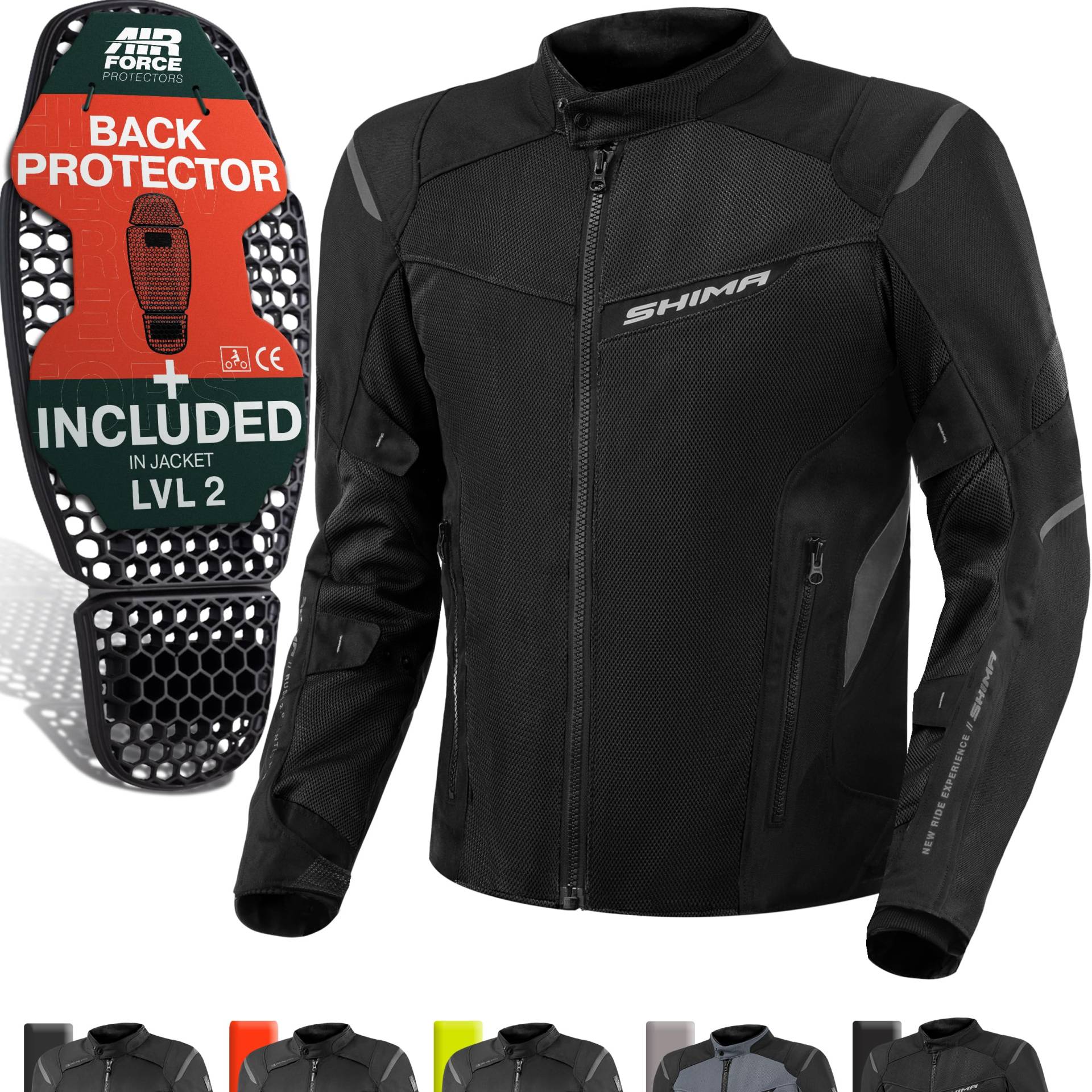 SHIMA RUSH Motorrad Jacke Herren mit Protektoren Mesh AIRFORCE Rückenprotektor Sommer Luftig Motorradjacke Wasserdicht Motorradkombi Motorradhose Touren (Schwarz, Männer, Textilejacke, Größe L) von SHIMA