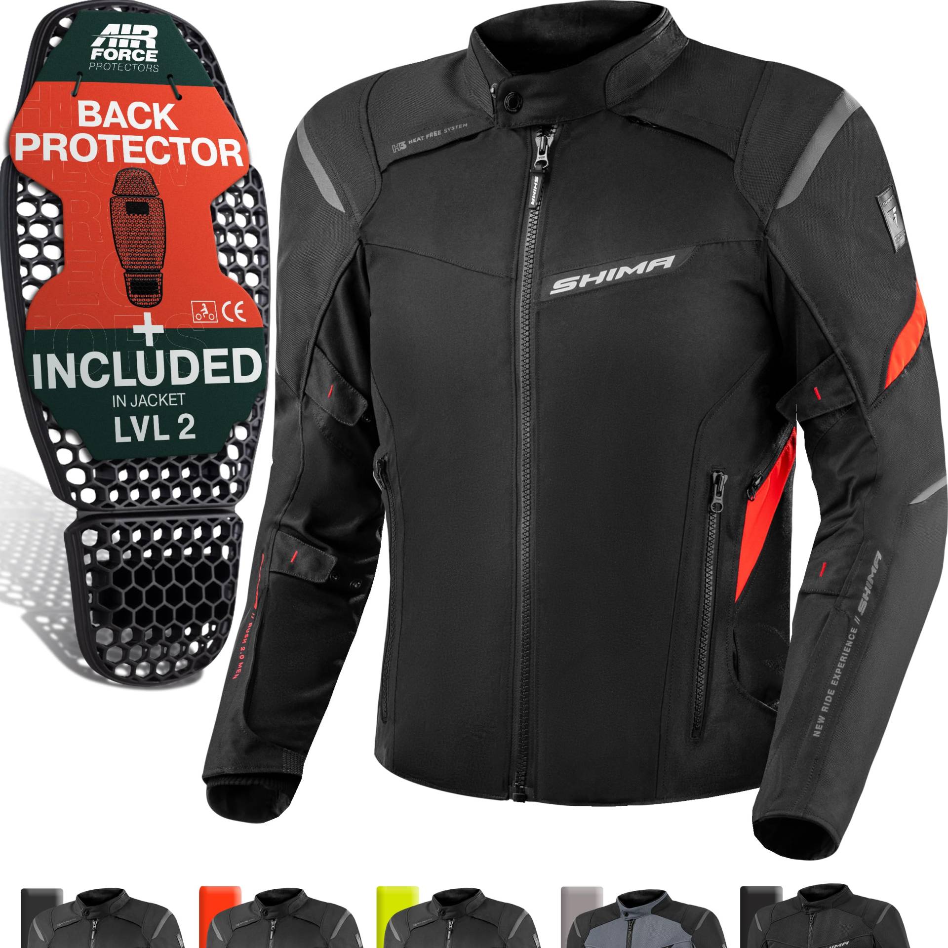 SHIMA RUSH Motorrad Jacke Herren mit Protektoren Textil | AIRFORCE Rückenprotektor | Wasserdicht Motorradjacke Sommer Motorradkombi Motorradhose Mesh Touren (Rot, Männer, Schutzjacken, Größe 4XL) von SHIMA