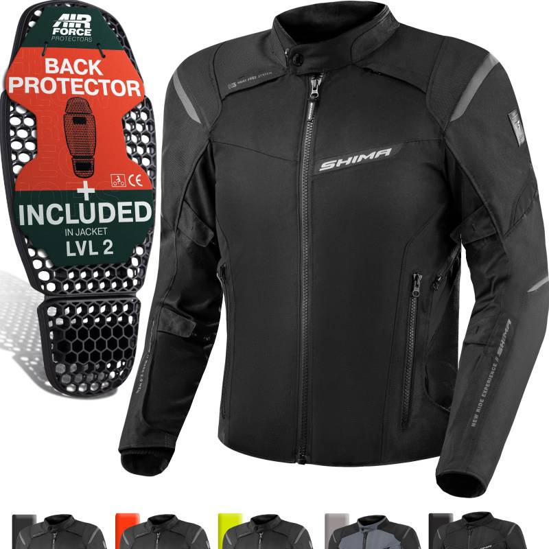 SHIMA RUSH Motorrad Jacke Herren mit Protektoren Textil | AIRFORCE Rückenprotektor | Wasserdicht Motorradjacke Sommer Motorradkombi Motorradhose Mesh Touren (Schwarz, Männer, Schutzjacken, Größe M) von SHIMA